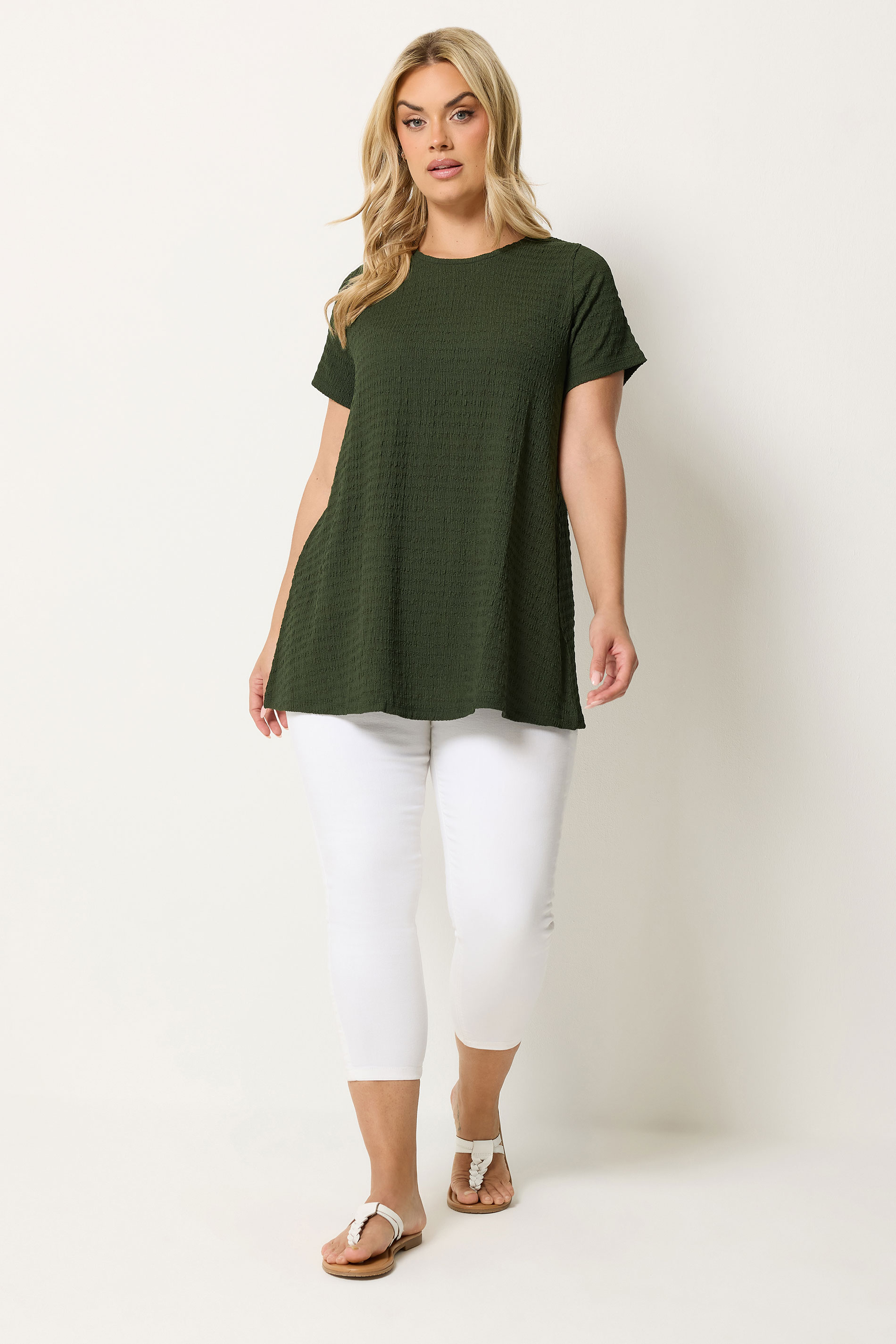 YOURS Plus Size Khaki Green Textured Swing Top | Yours Clothing 1