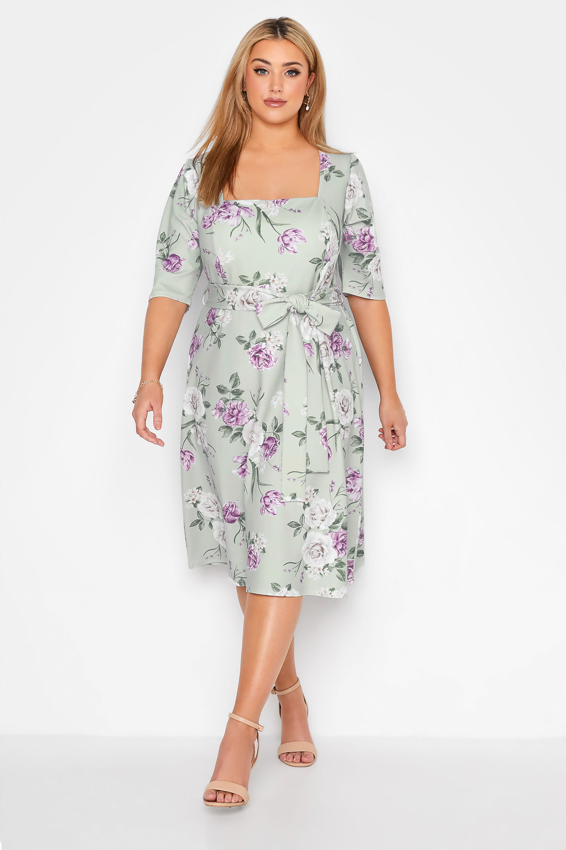 YOURS LONDON Plus Size Curve Sage Green Floral Square Neck Dress | Yours Clothing 2