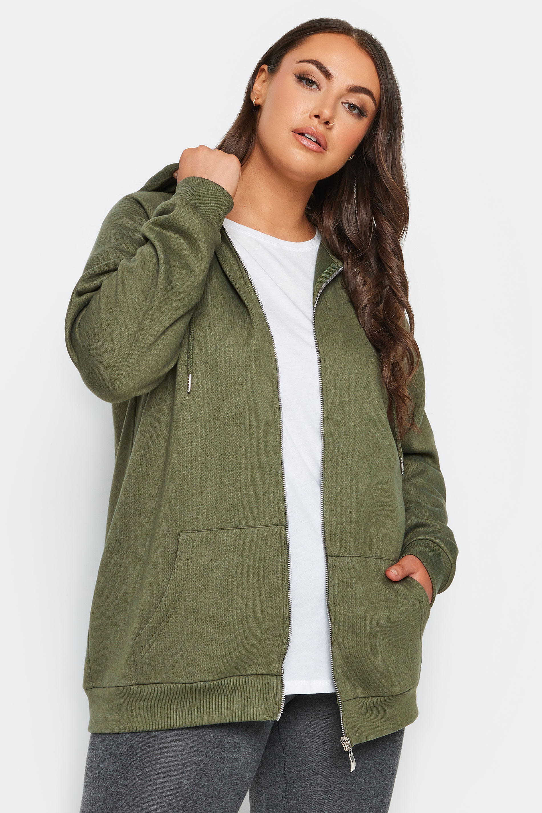 YOURS Plus Size Khaki Green Essential Zip Through Hoodie | Yours Clothing 2