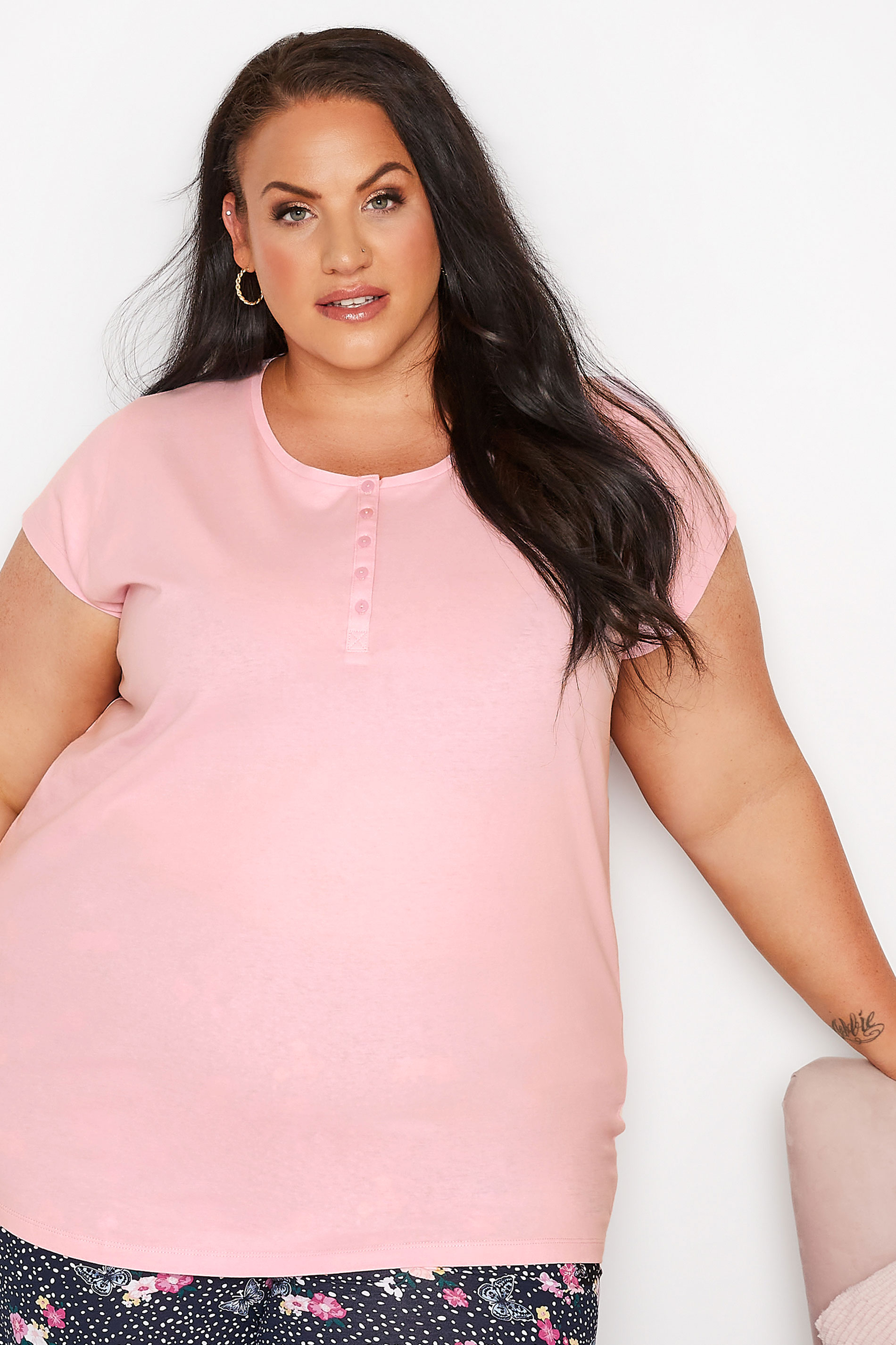 Plus Size Pink Placket Pyjama Top | Yours Clothing  1