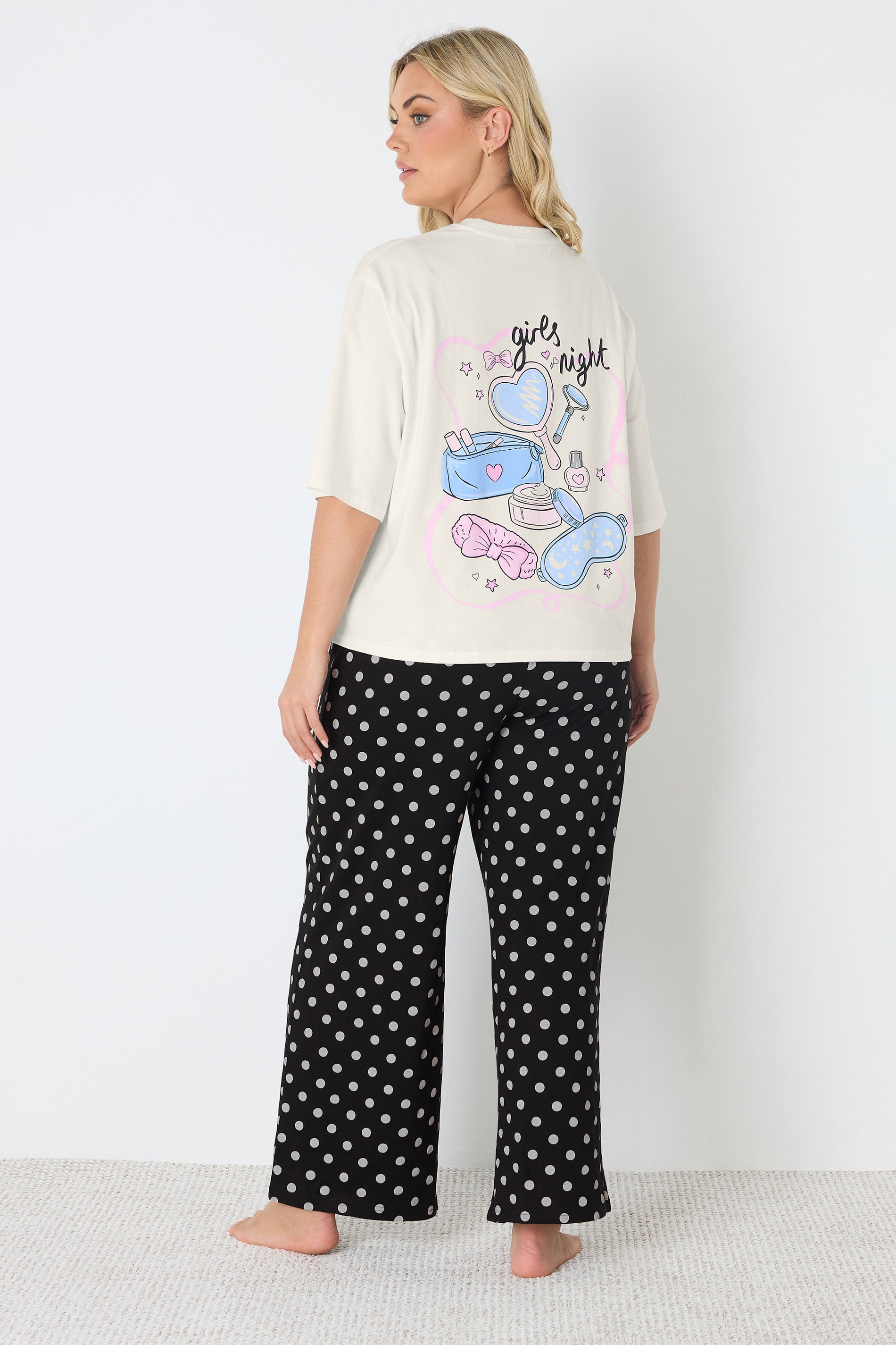 YOURS Plus Size Ivory White 'Girls Night' Polka Dot Pyjama Set | Yours Clothing 5