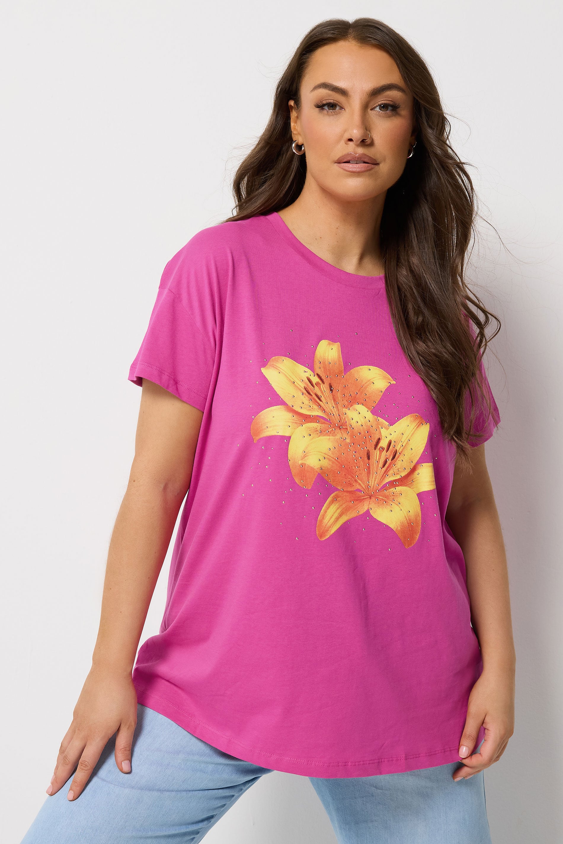 YOURS Plus Size Pink Flower Graphic T-Shirt | Yours Clothing 3