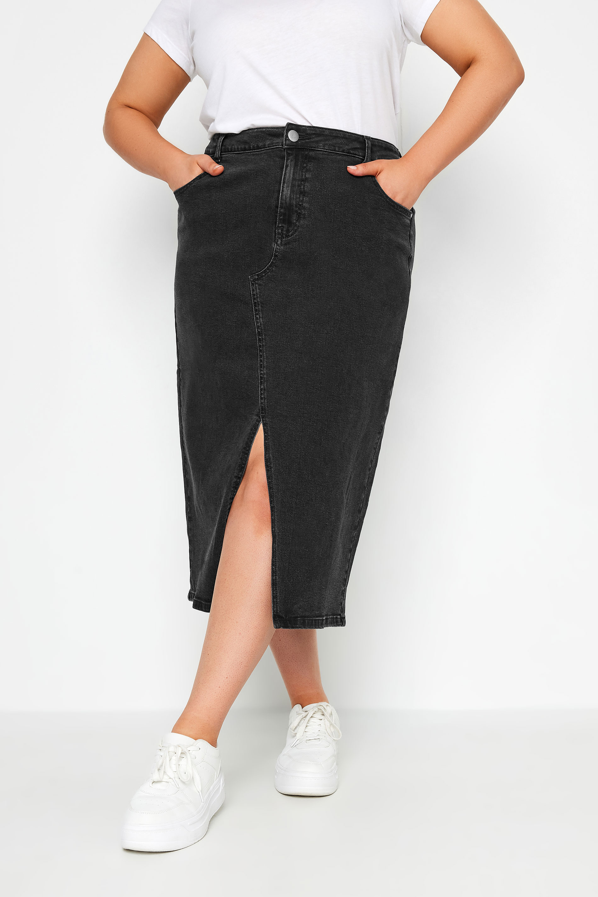 YOURS Plus Size Black Midi Stretch Denim Skirt | Yours Clothing 2
