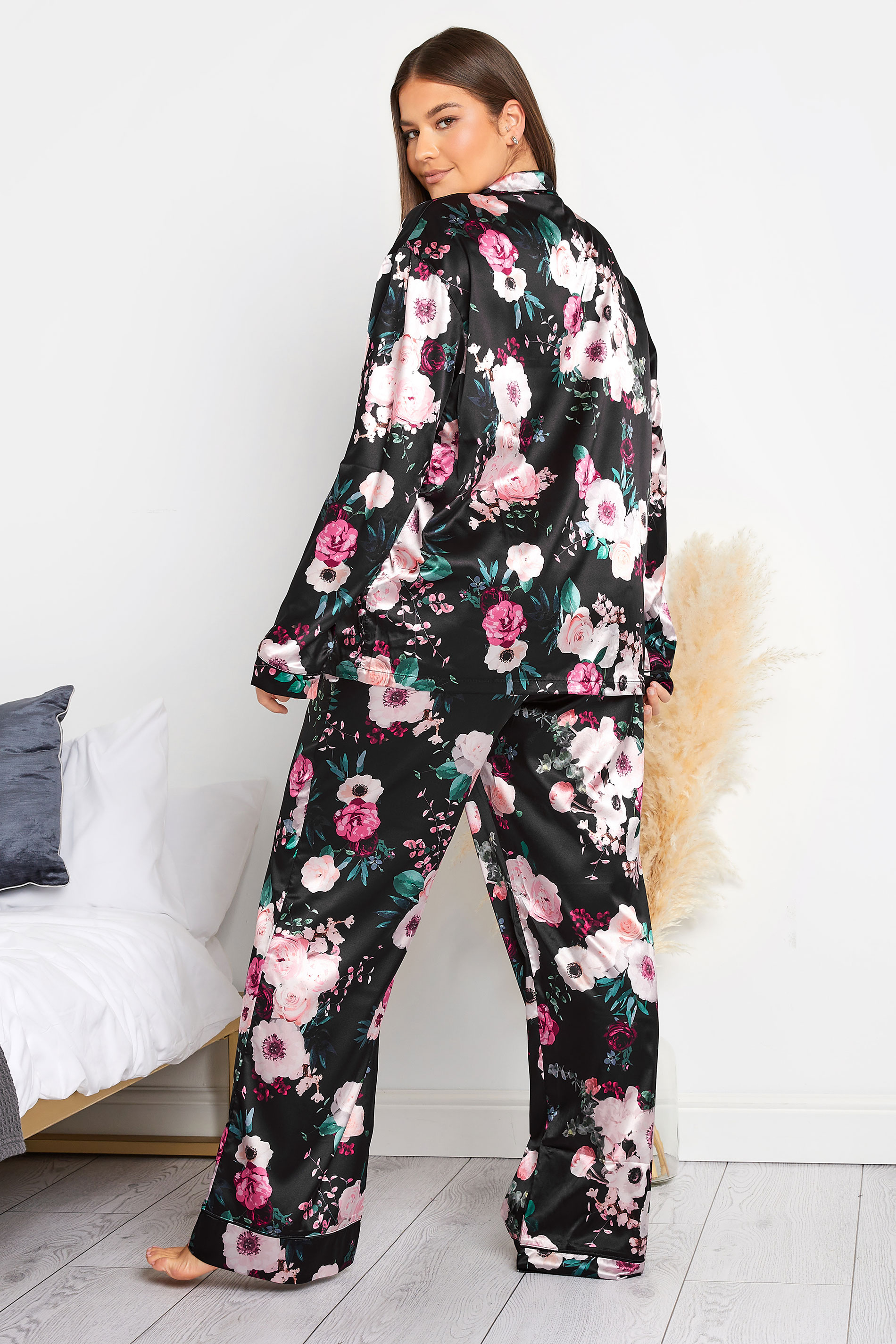 LTS Tall Women's Black Floral Satin Pyjama Set | Long Tall Sally  3