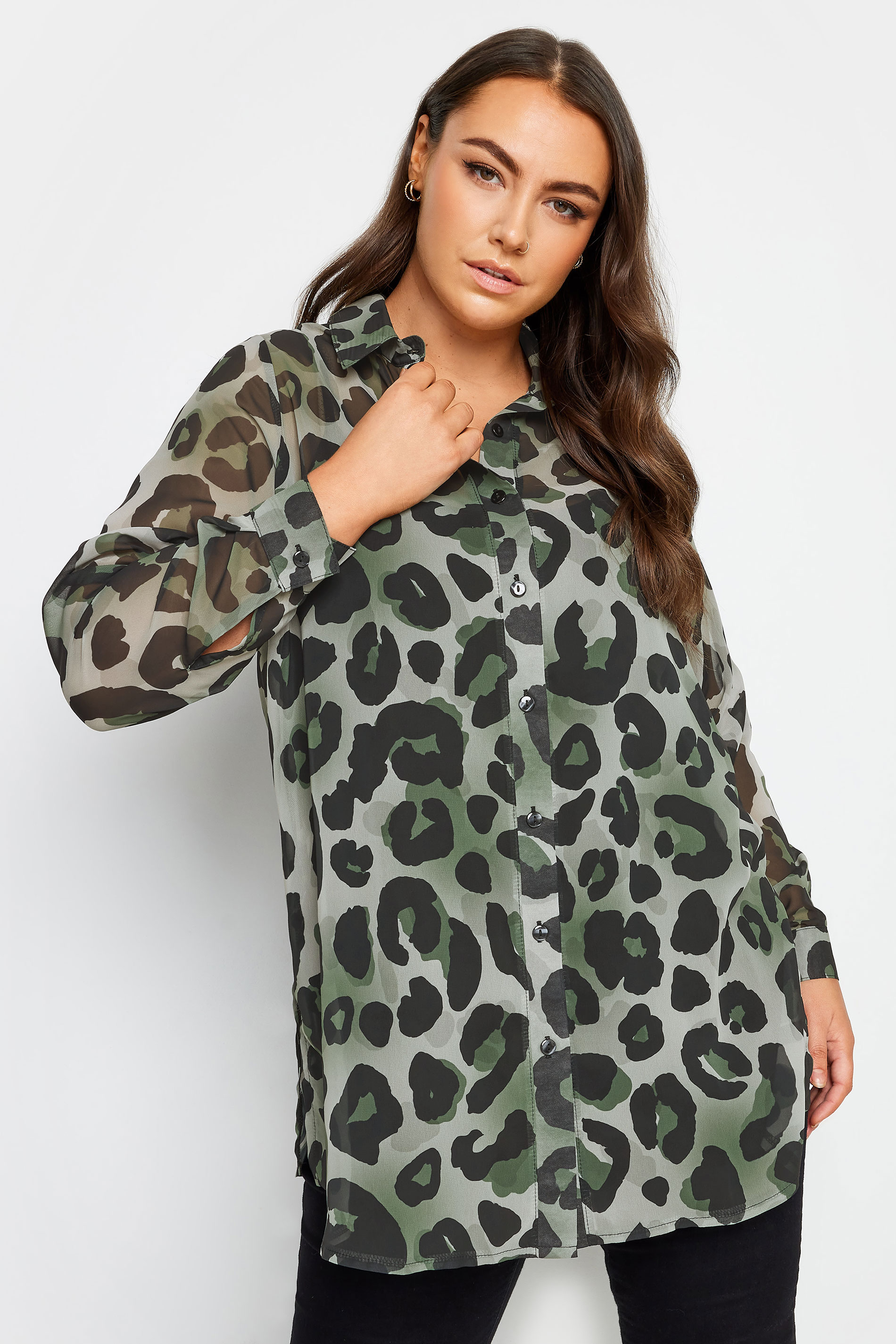 YOURS LONDON Plus Size Green Leopard Print Longline Shirt | Yours Clothing 1