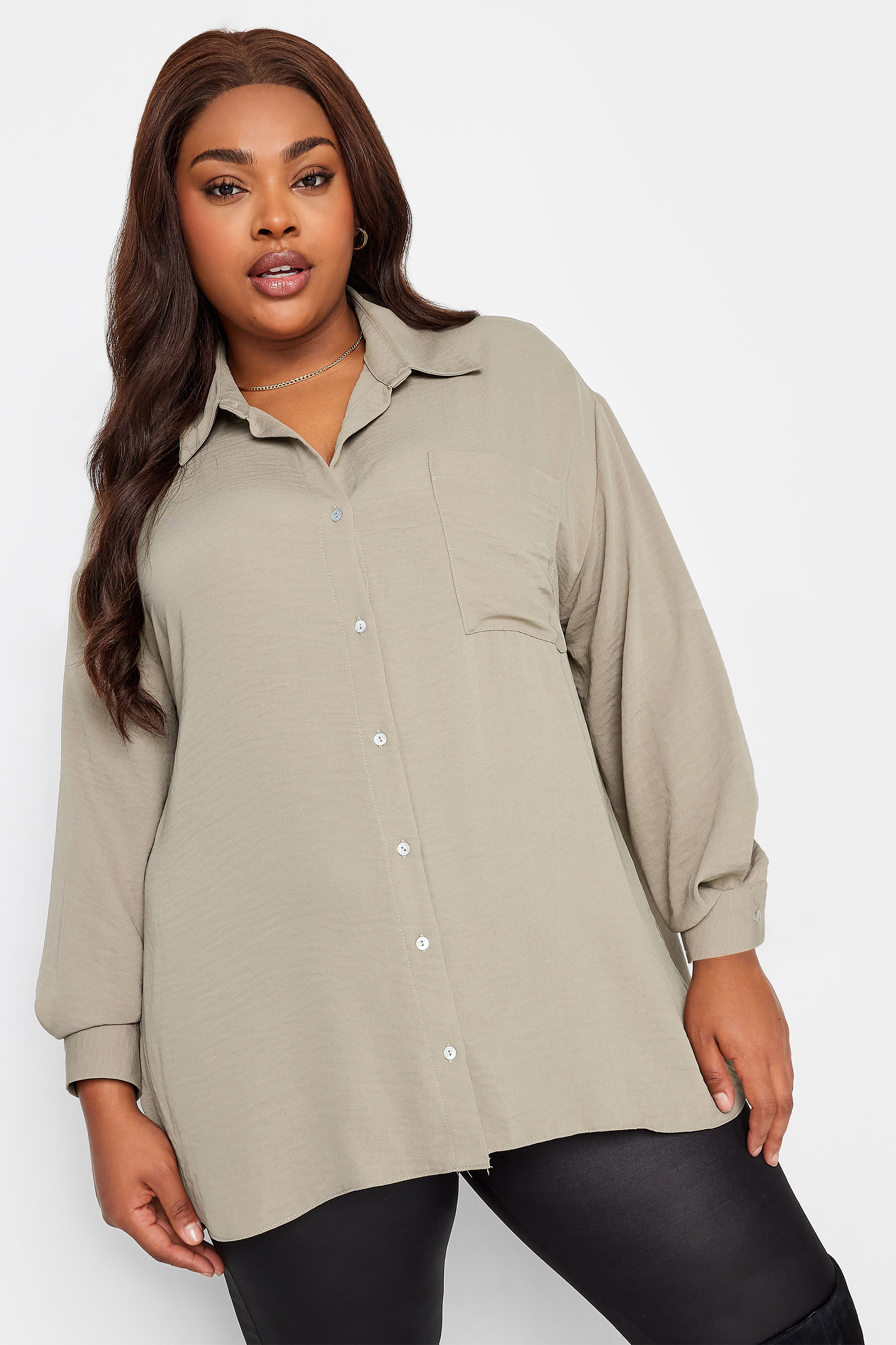 Yours Plus Size Brown Cuffed Sleeve Shirt | Yours Closing 1