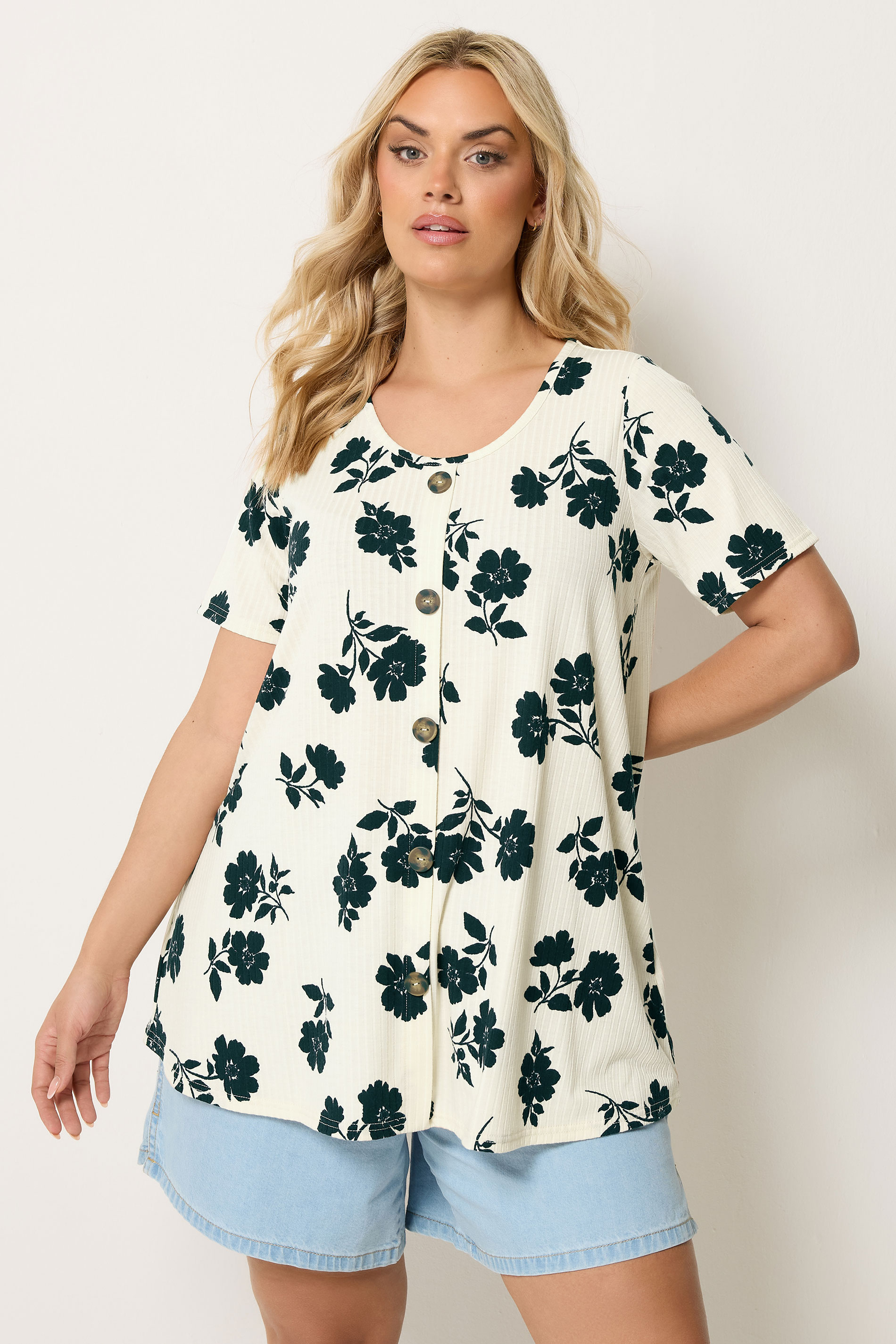 YOURS Plus Size Cream Floral Button Front Ribbed Swing Top | Yours Clothing 3