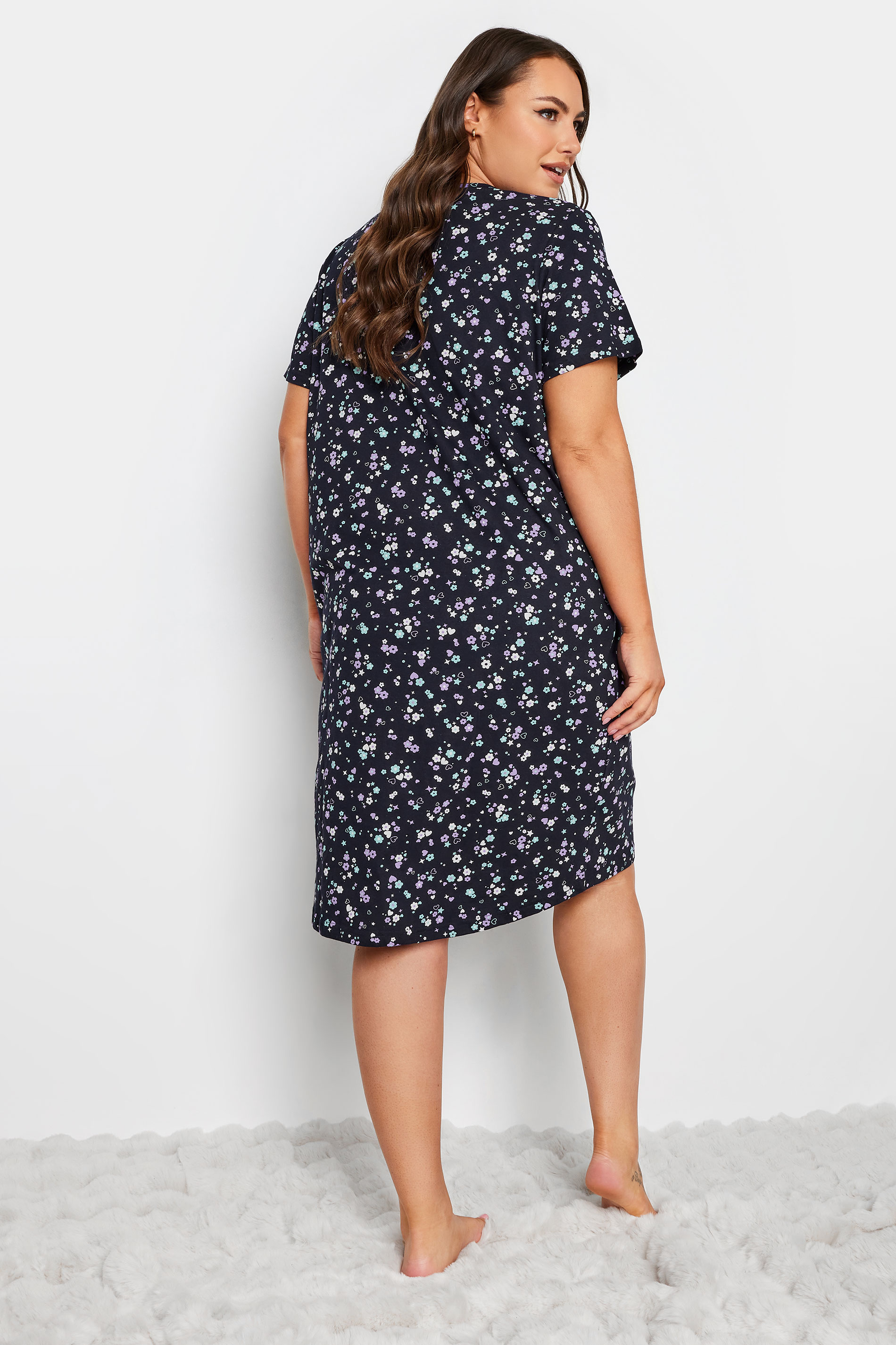 YOURS Curve Plus Size Navy Blue Ditsy Floral Print Nightdress | Yours Clothing  3