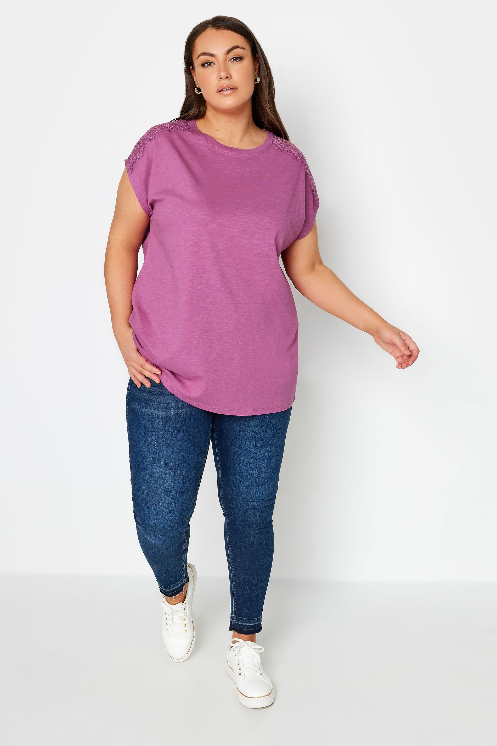 YOURS Plus Size Purple Lace Shoulder T-Shirt | Yours Clothing 2