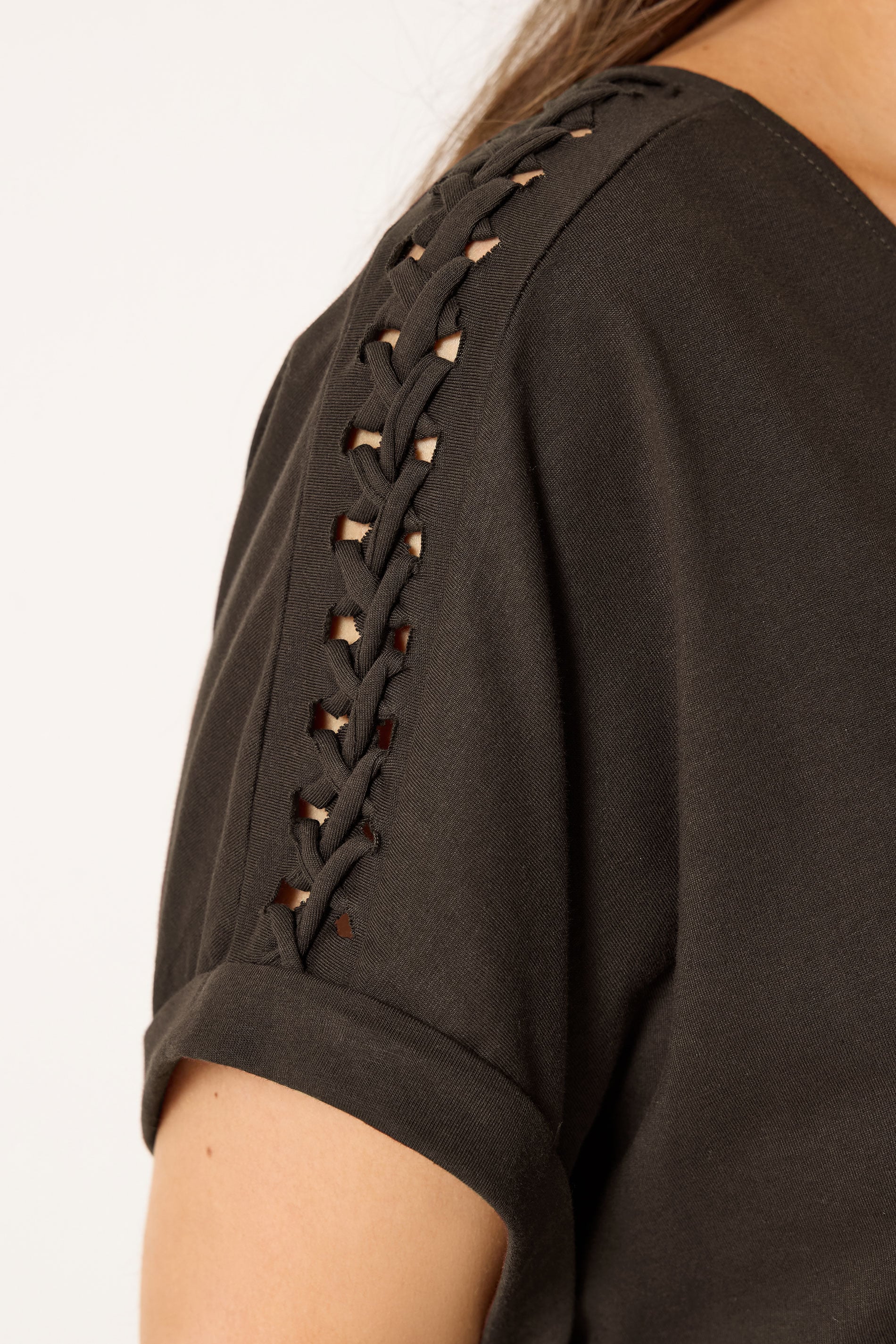 YOURS Plus Size Brown Lattice Grown On Sleeve T-Shirt | Yours Clothing 4