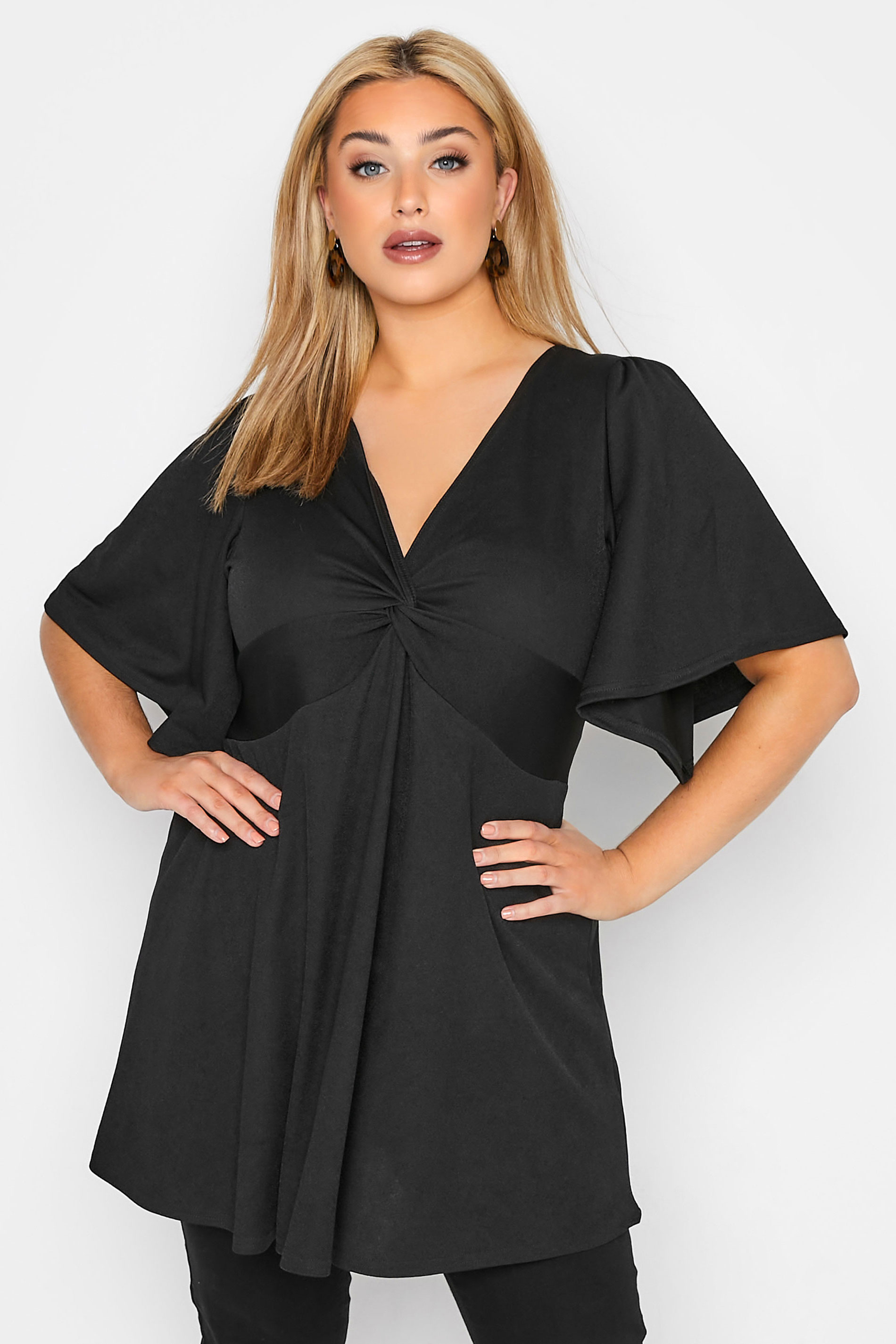 YOURS LONDON Plus Size Black Angel Sleeve Knot Front Top | Yours Clothing 1