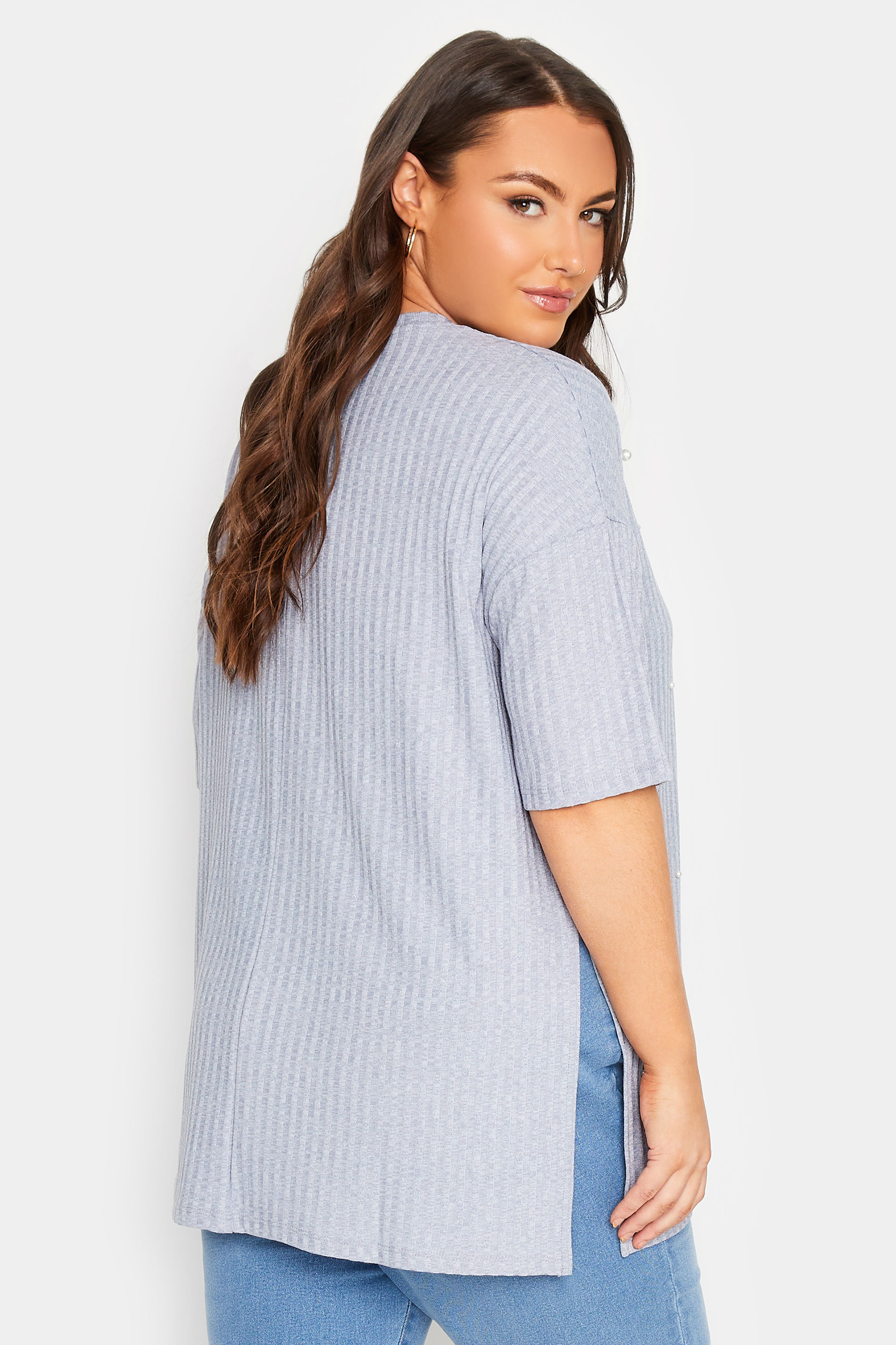 Plus Size Blue Pearl Embellished Split Hem T-Shirt | Yours Clothing 3