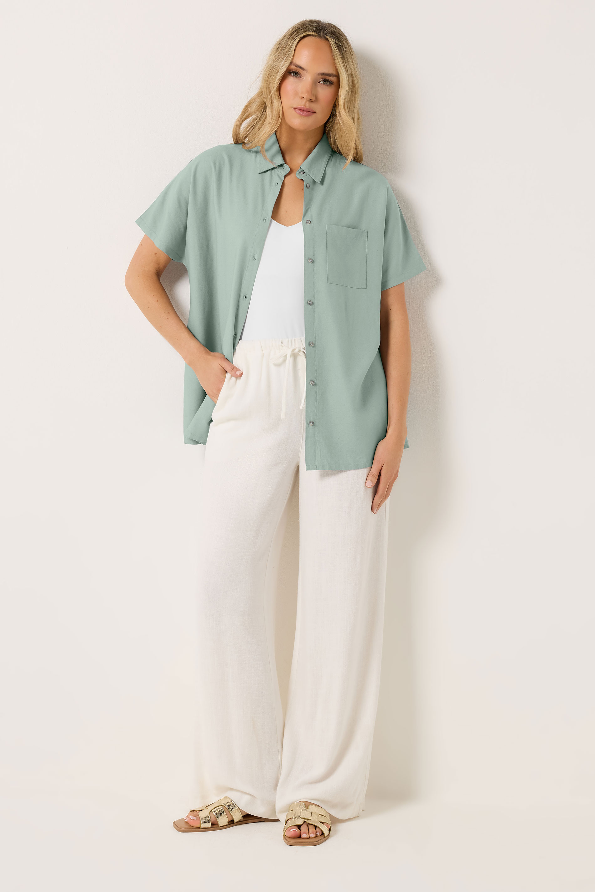 LTS Tall Women's Pale Blue Short Sleeve Linen Shirt | Long Tall Sally 2