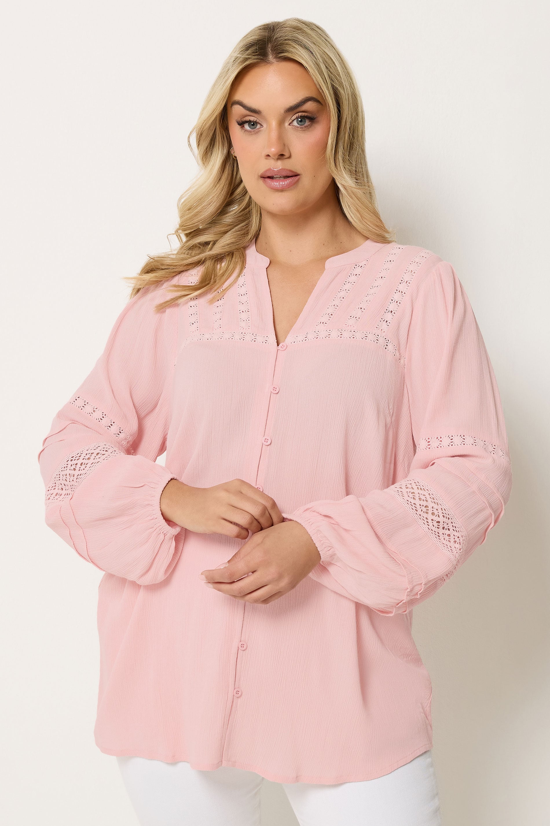 YOURS Plus Size Pink Crochet Notch Neck Top | Yours Clothing 3