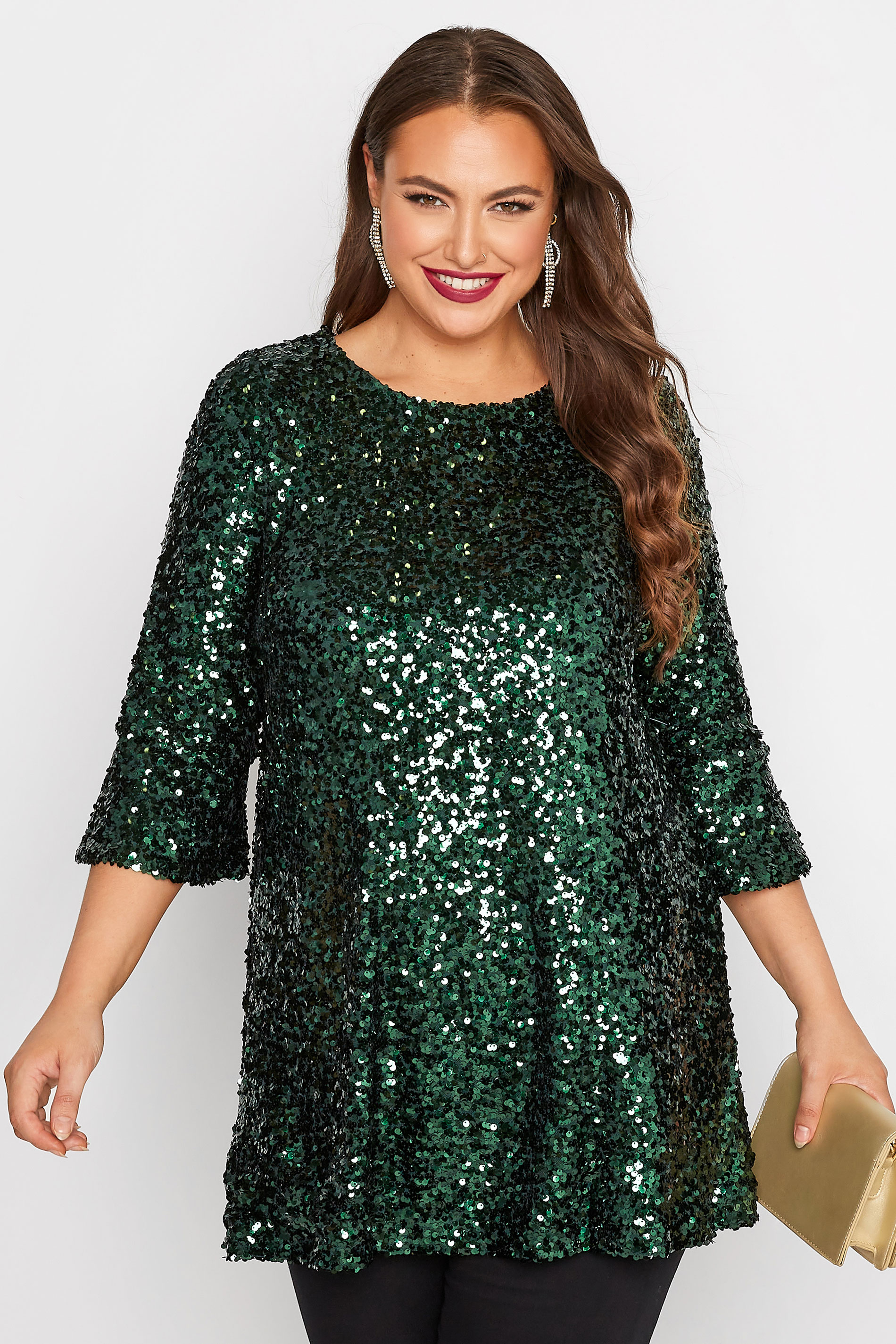 YOURS LONDON Plus Size Green Sequin Embellished Flute Sleeve Top | Yours Clothing 2