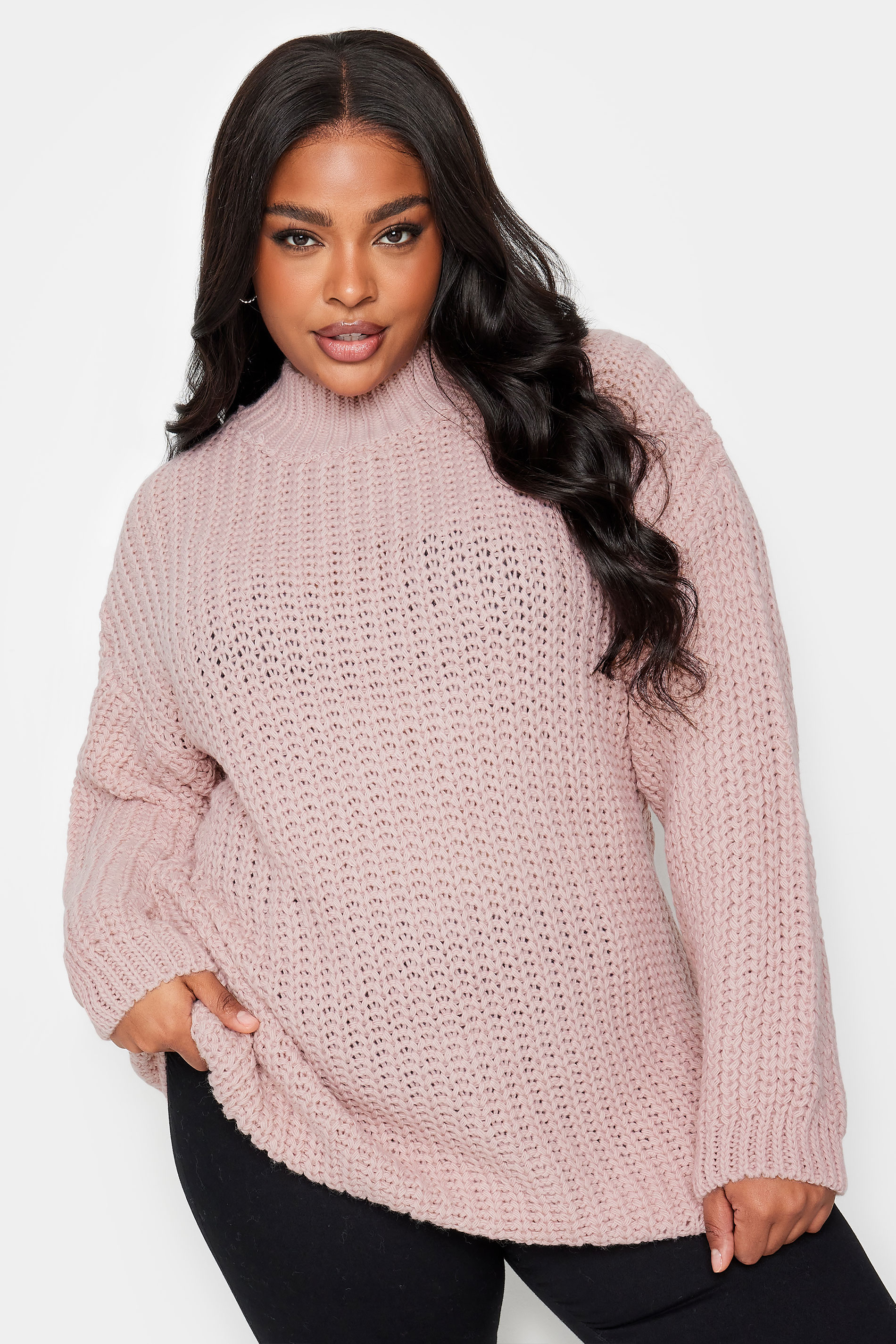 YOURS Curve Pink Funnel Neck Oversized Knitted Jumper | Yours Clothing 1