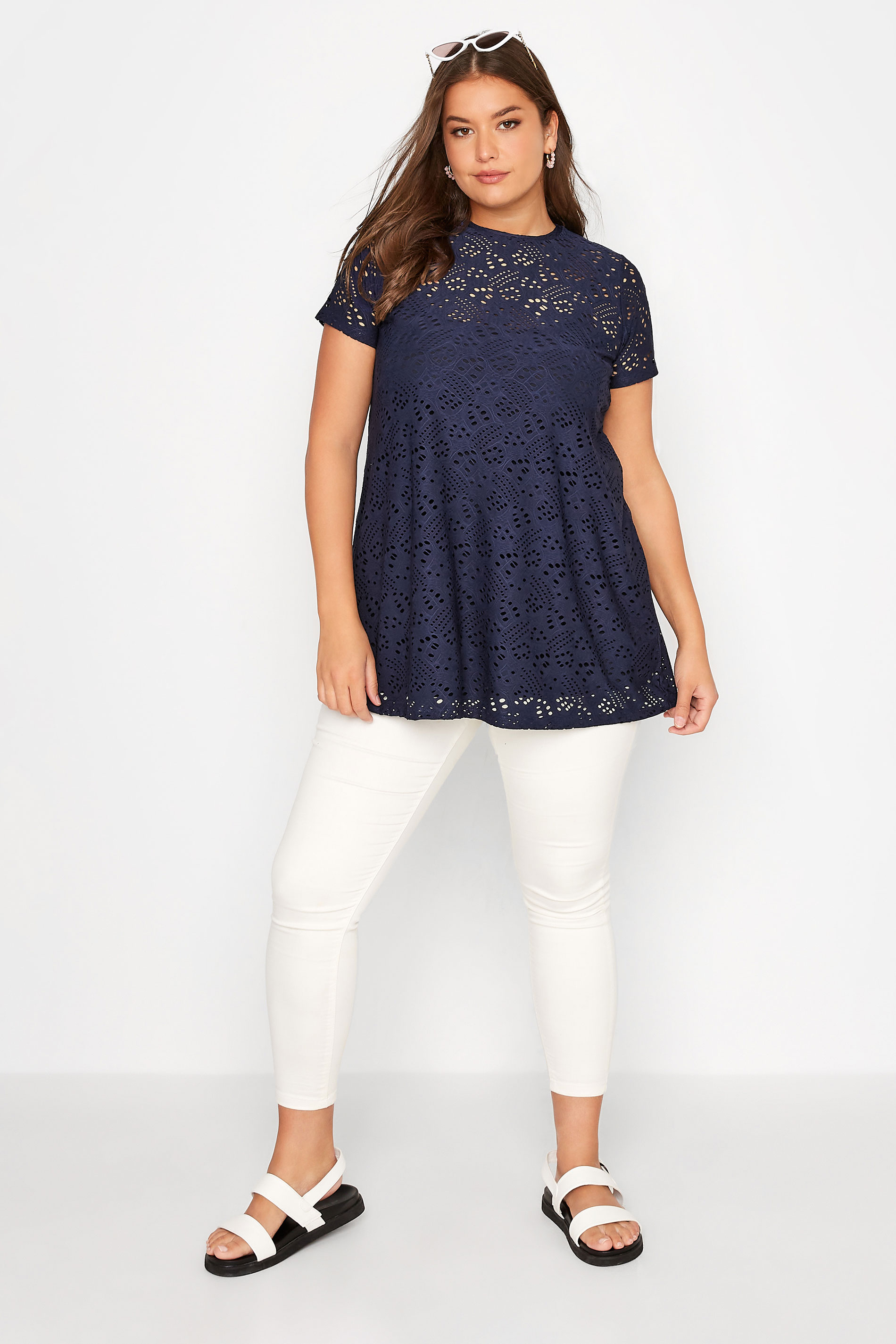 Plus Size Navy Blue Broderie Anglaise Swing T-Shirt | Yours Clothing 2