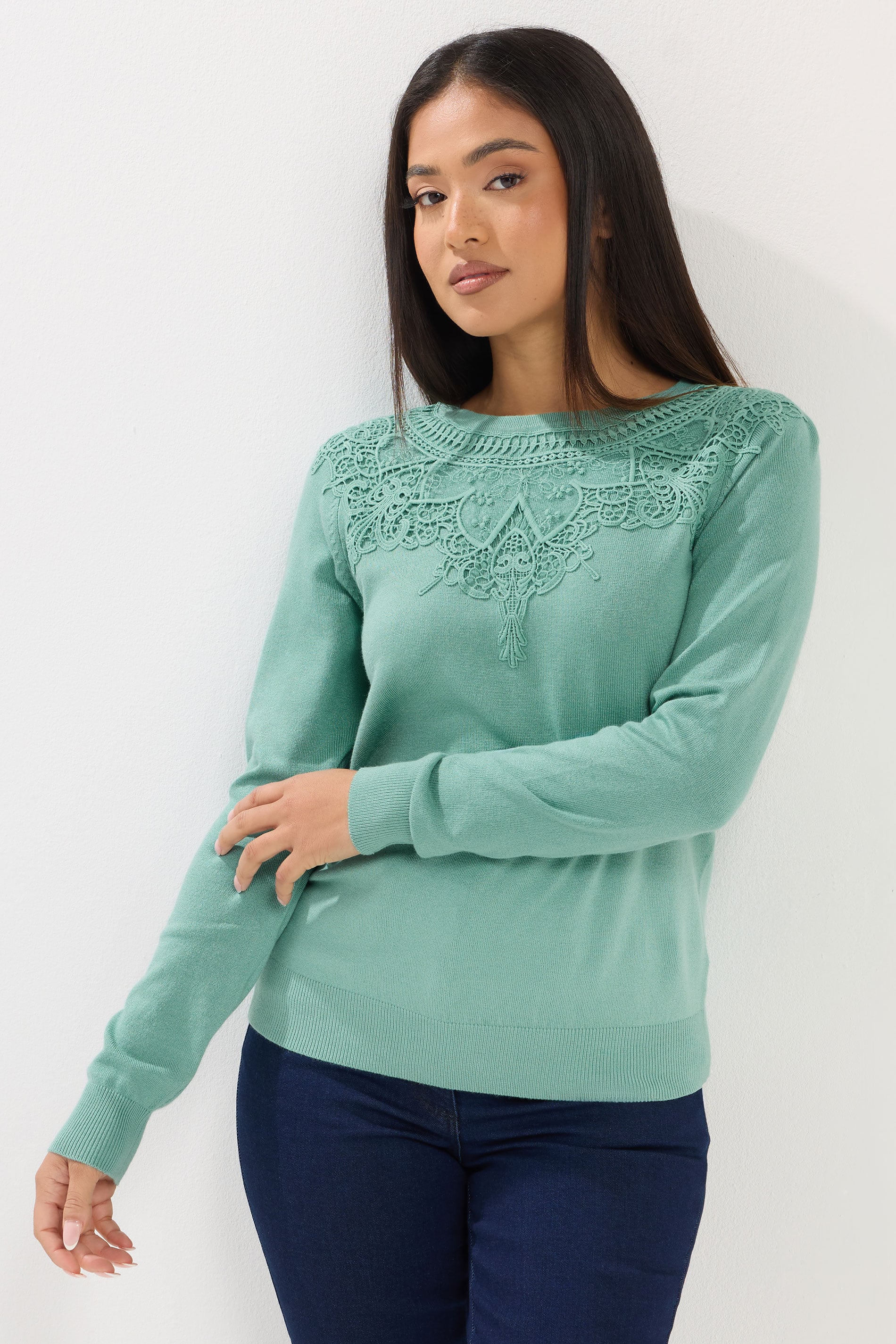 M&Co Petite Green Lace Trim Jumper | M&Co 3