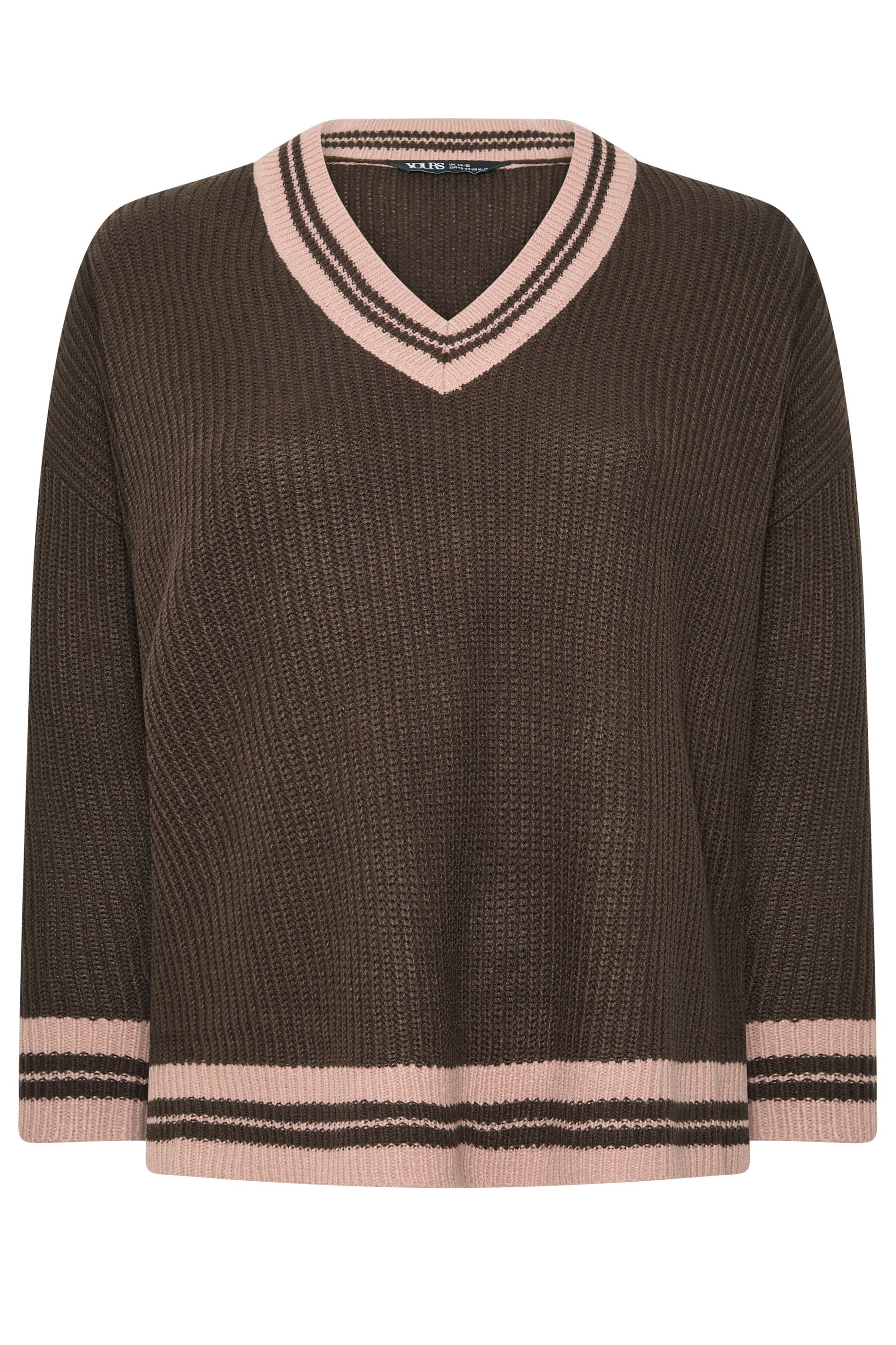 YOURS Plus Size Chocolate Brown Contrast Knitted Jumper | Yours Clothing 1