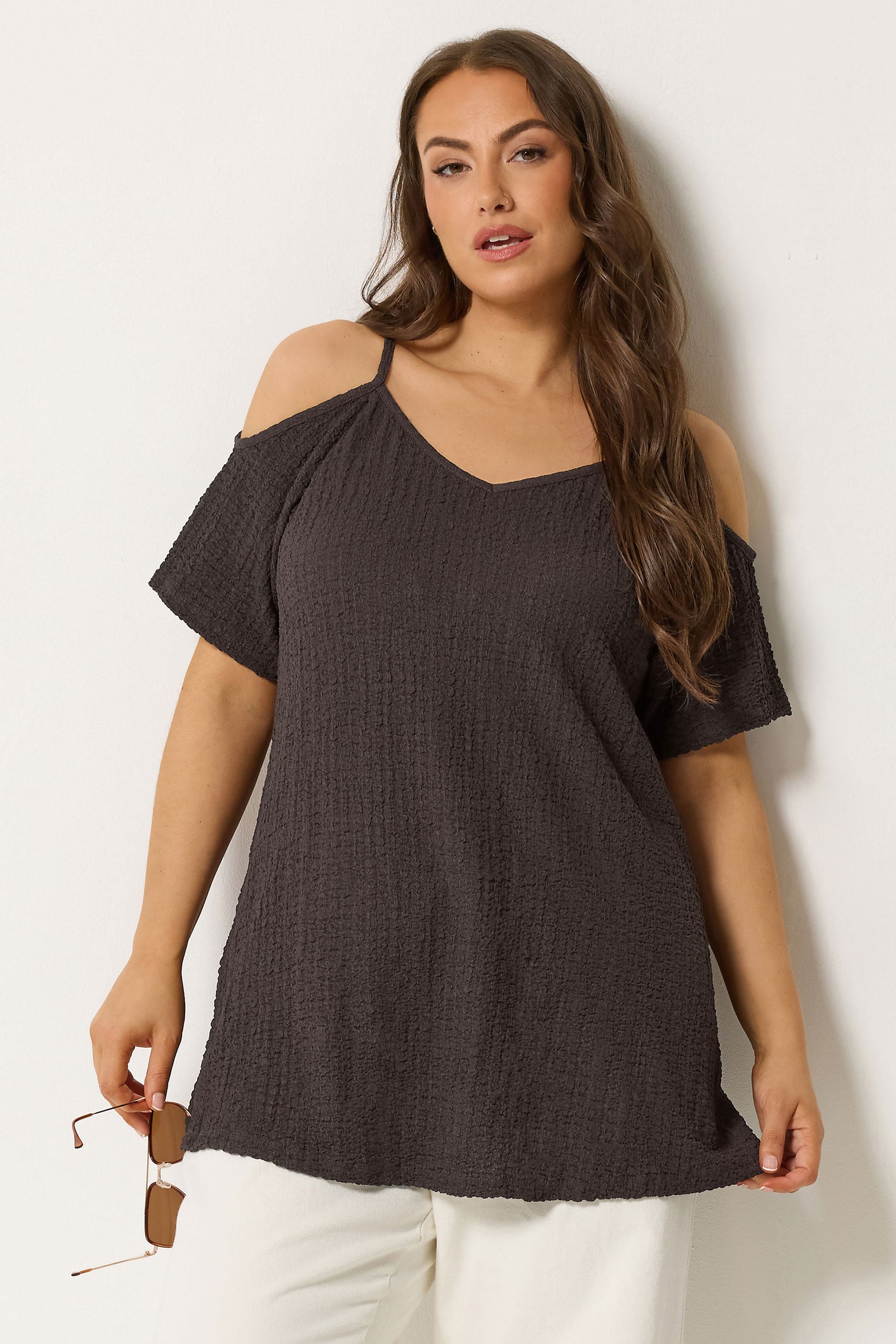 YOURS Plus Size Chocolate Brown Textured Cold Shoulder Top | Yours Clothing 3