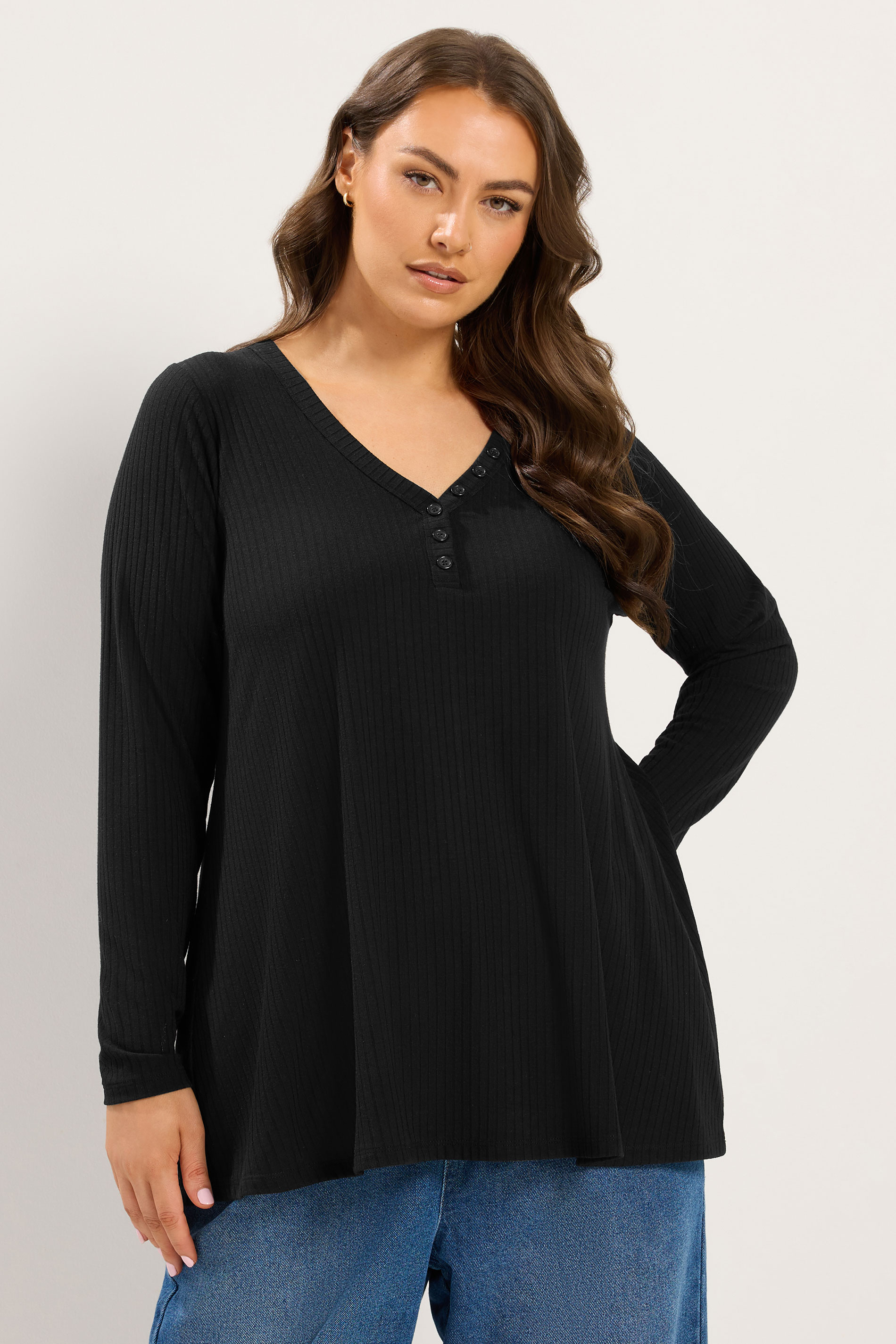 YOURS Plus Size Black Henley Ribbed Swing Top | Yours Clothing 3