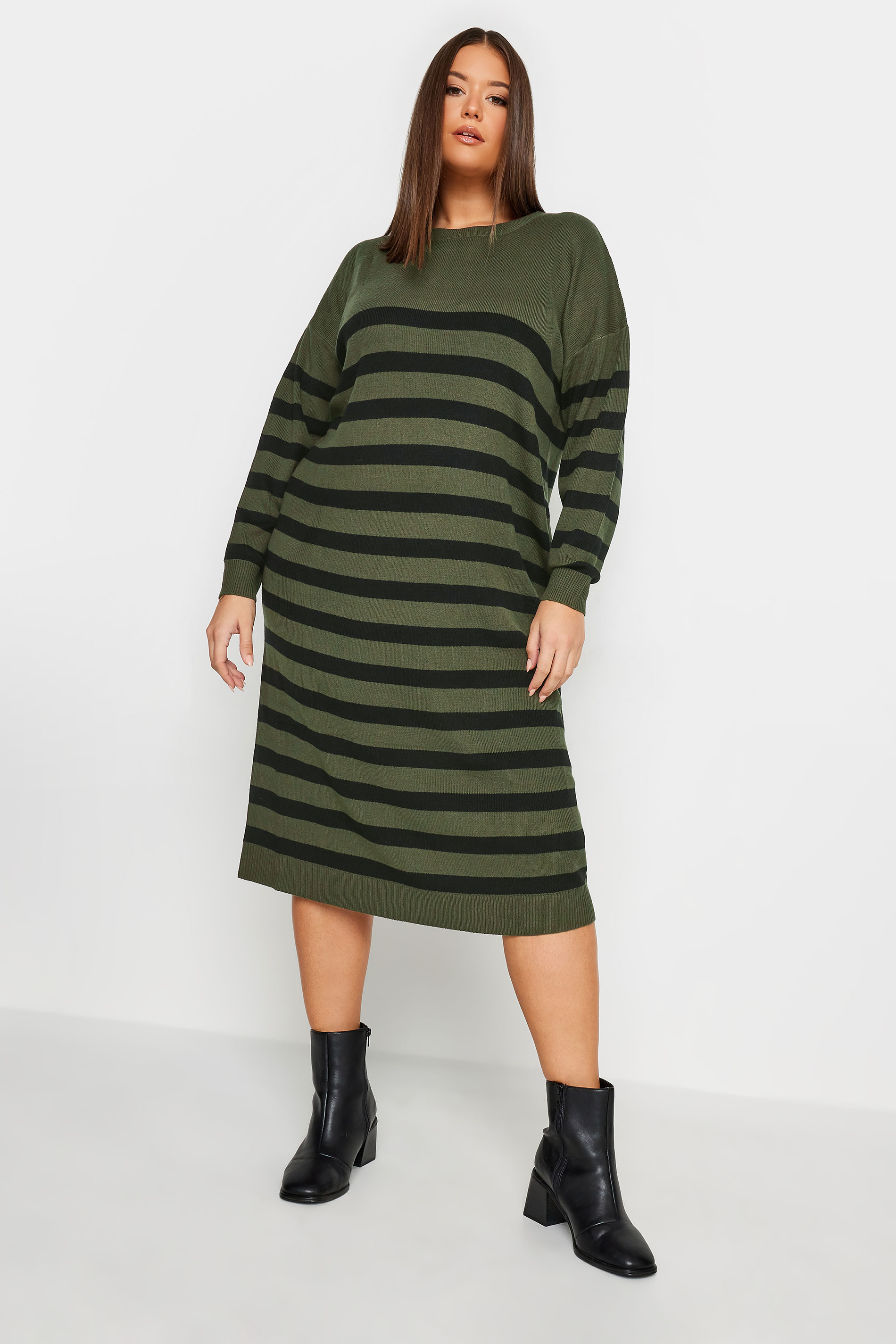 YOURS Plus Size Khaki Green Stripe Knitted Jumper Dress | Yours Clothing 1