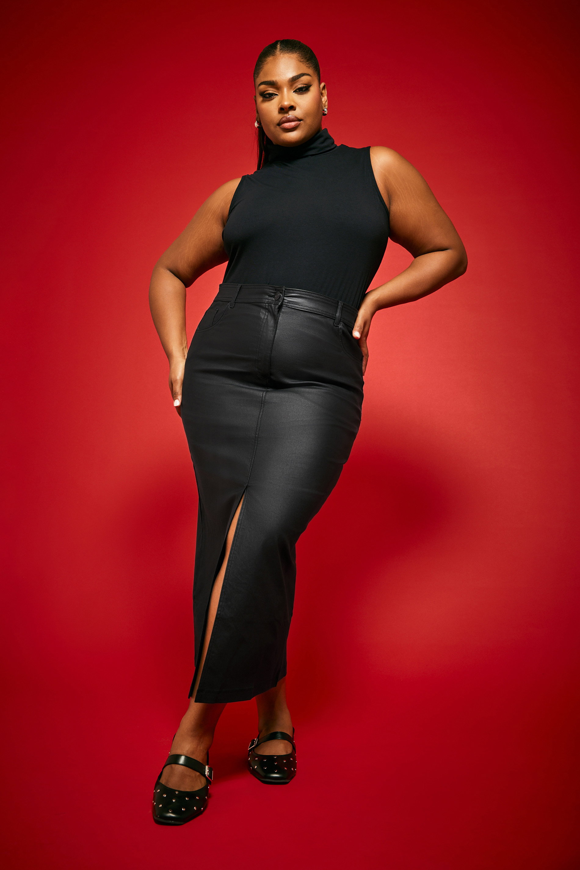 Yours Curve Black Coated Split Hem Midaxi Skirt, Womens Curve & Plus Size, Yours