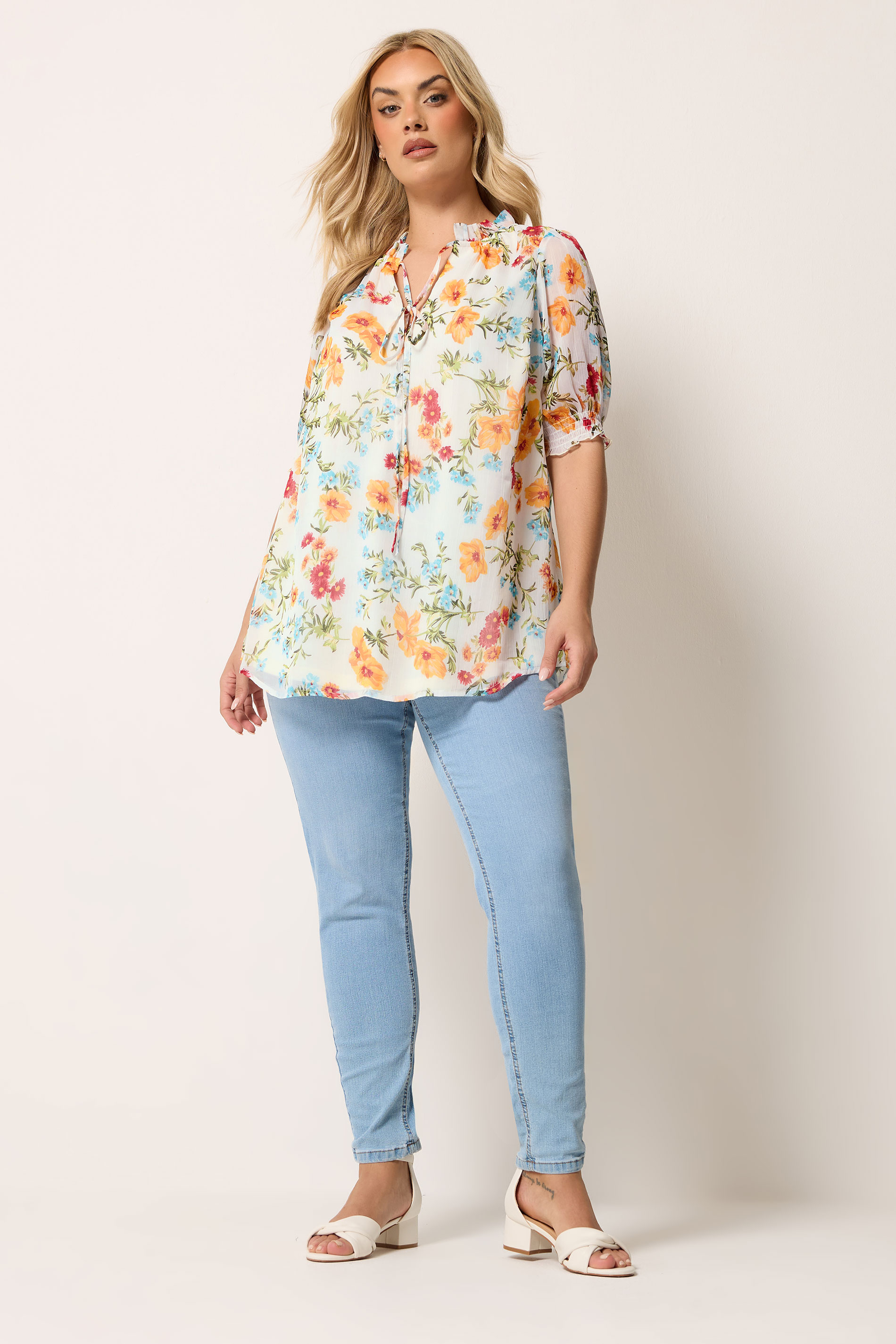 YOURS Plus Size White & Orange Floral Frill Neck Blouse | Yours Clothing 1
