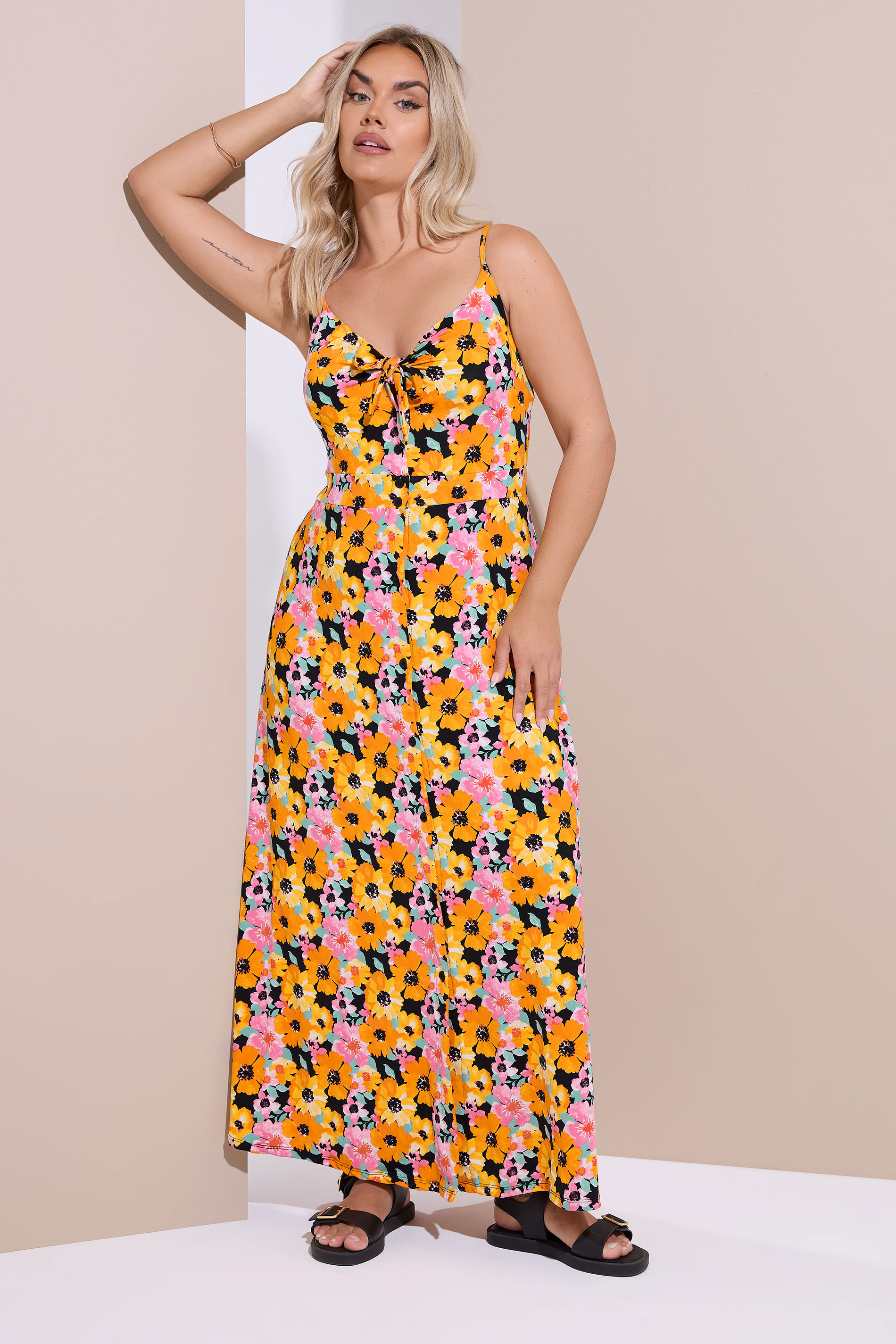 YOURS Plus Size Black & Orange Floral Print Maxi Dress | Yours Clothing 1
