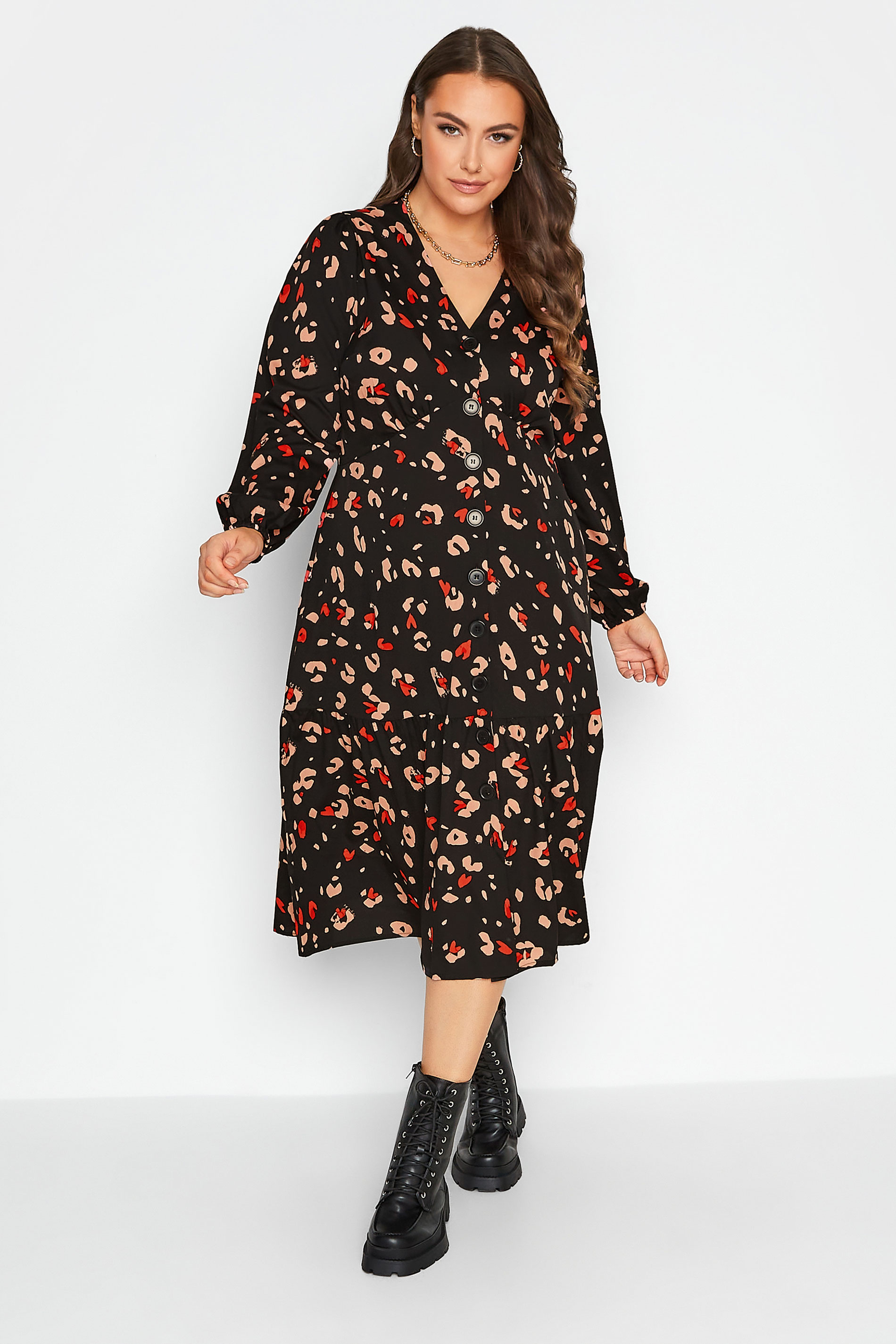 Plus Size Black Leopard Print Button Through Dress | Yours Clothing 1