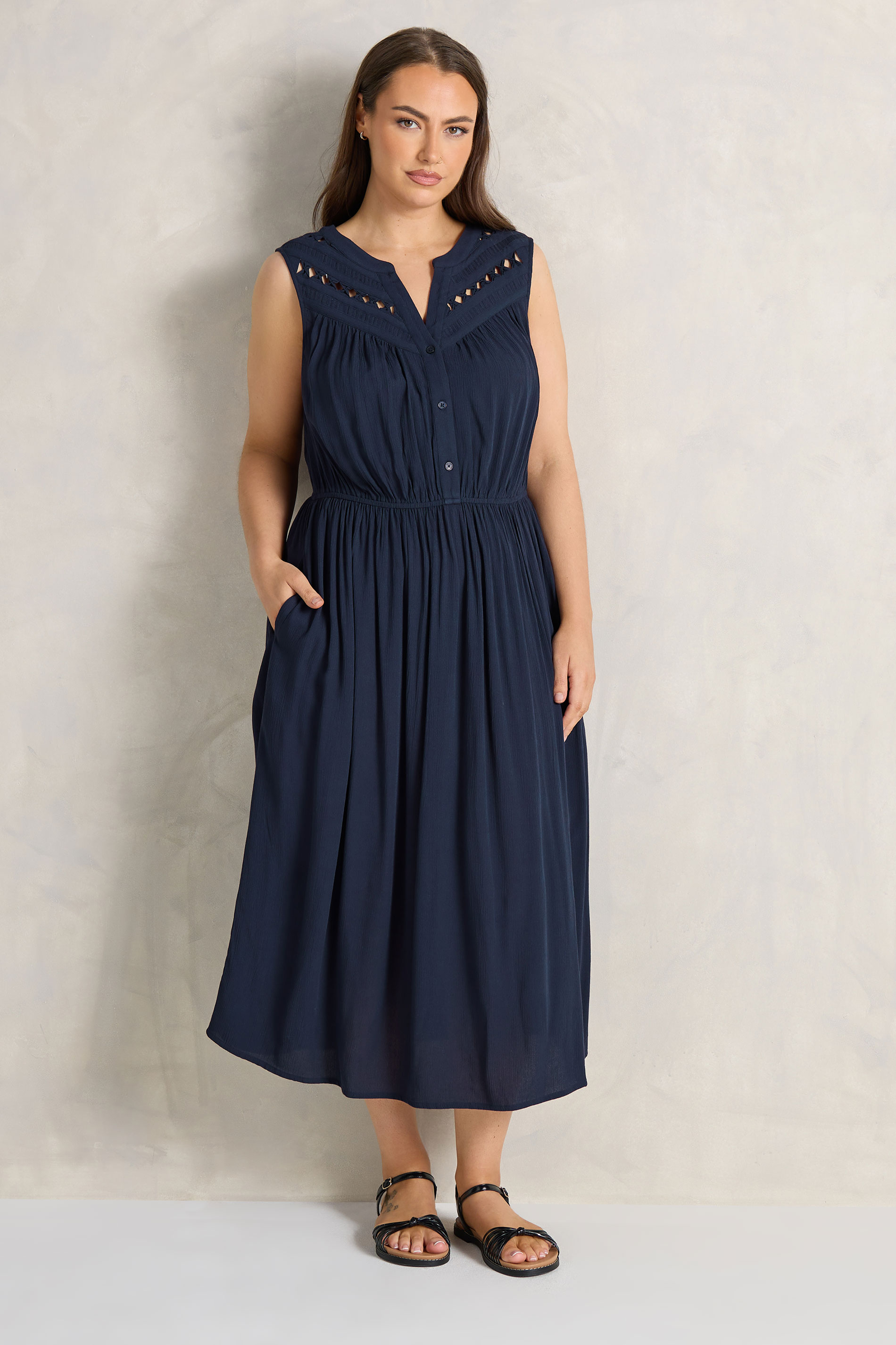EVANS Plus Size Navy Blue Sleeveless Macrame Midi Dress | Evans 2