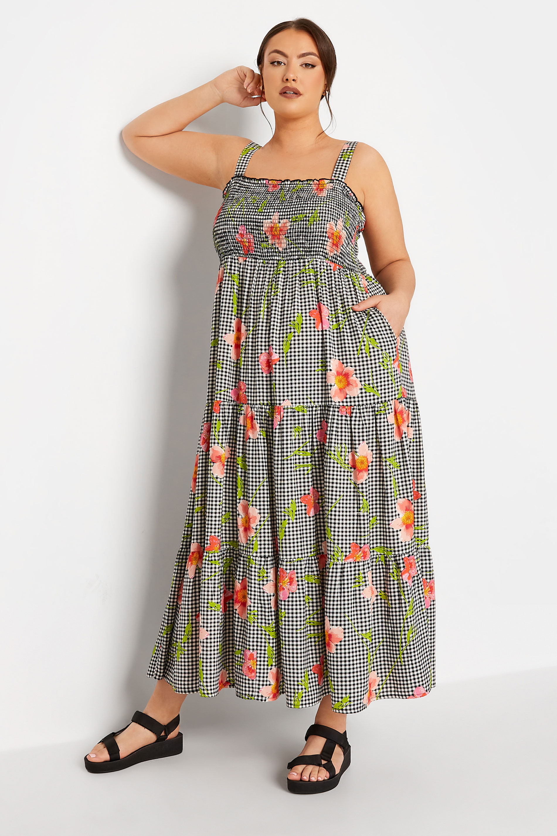 LIMITED COLLECTION Curve Black Gingham Floral Print Tiered Maxi Sundress_A.jpg