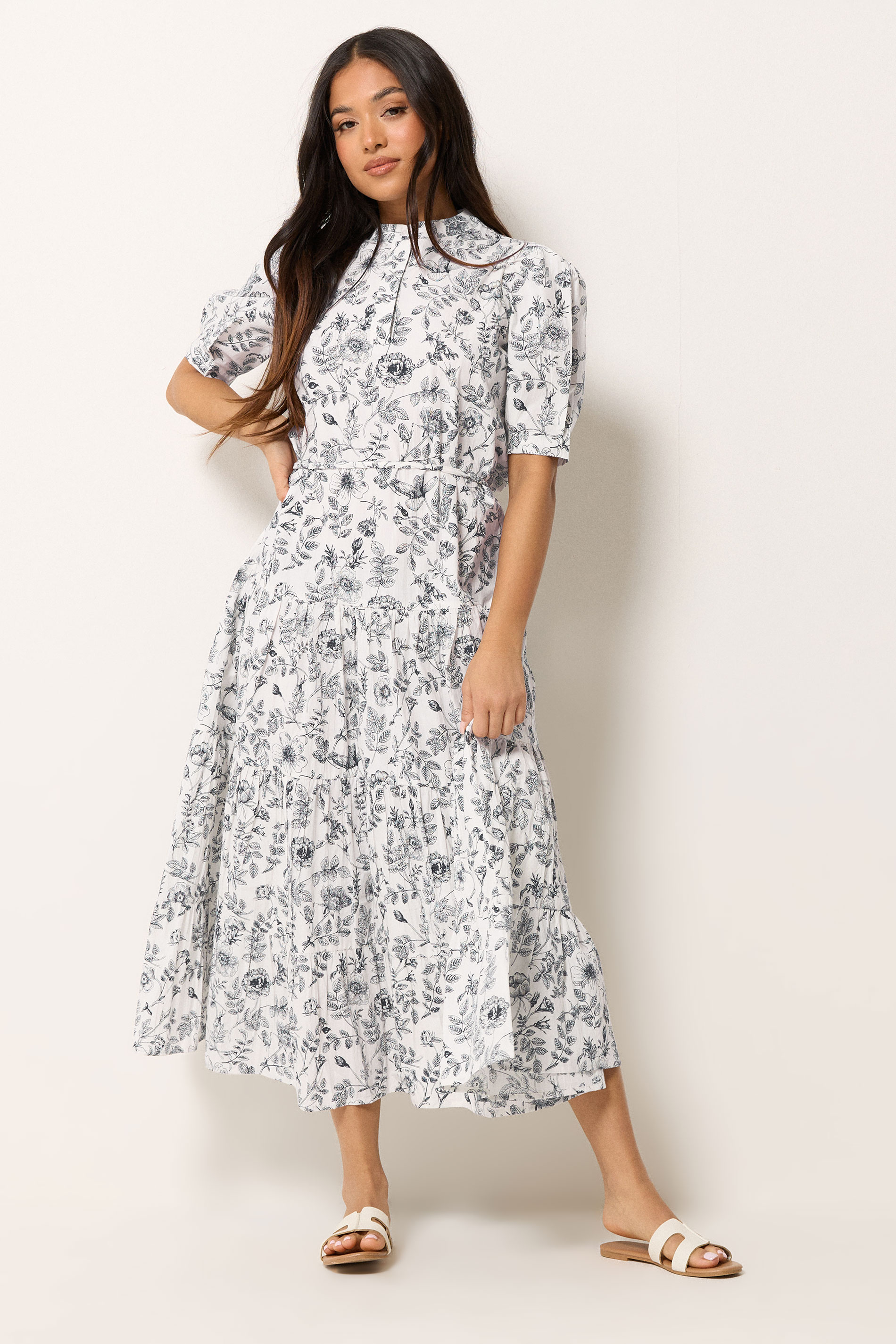 PixieGirl Petite Women's White Floral Cotton Tiered Maxi Dress | PixieGirl 1