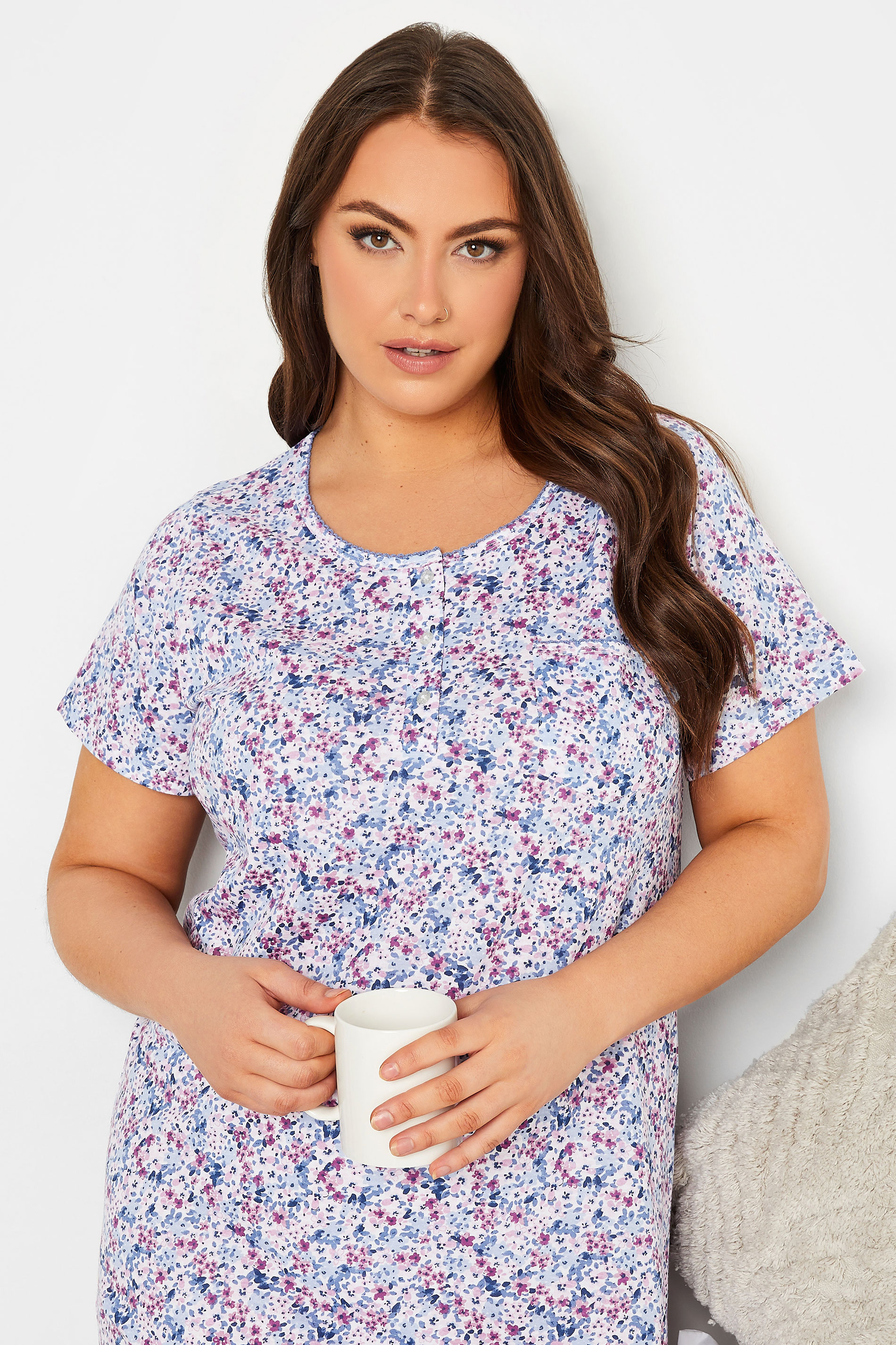 YOURS Plus Size White Ditsy Print Placket Nightdress | Yours Clothing 3