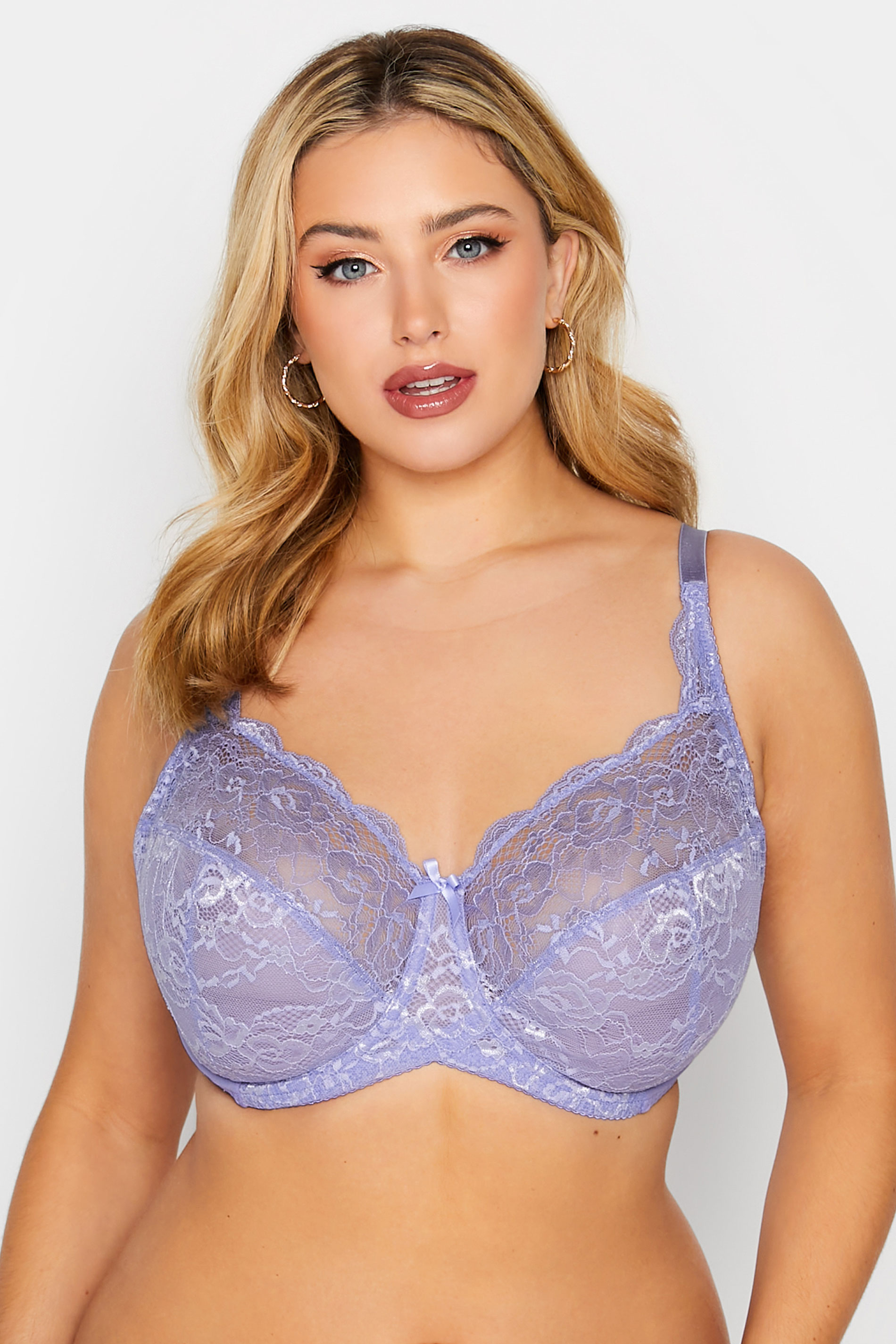 Plus Size Lavender Purple Stretch Lace Non-Padded Underwired Balcony Bra | Yours Clothing 1