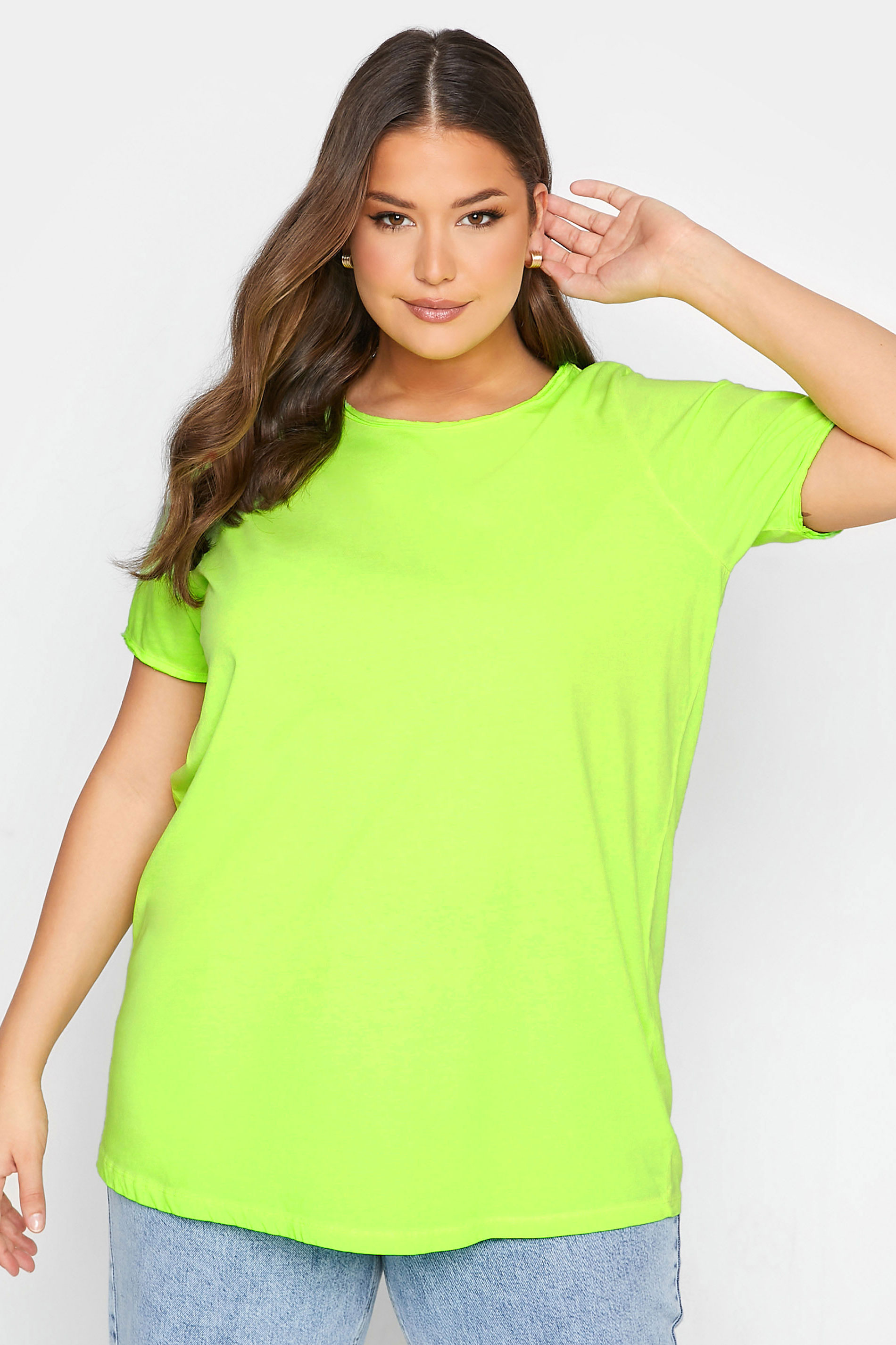 Grande taille  Tops Grande taille  T-Shirts Basiques & Débardeurs | T-Shirt Vert Fluo Manches Courtes Effilochées - TN36968
