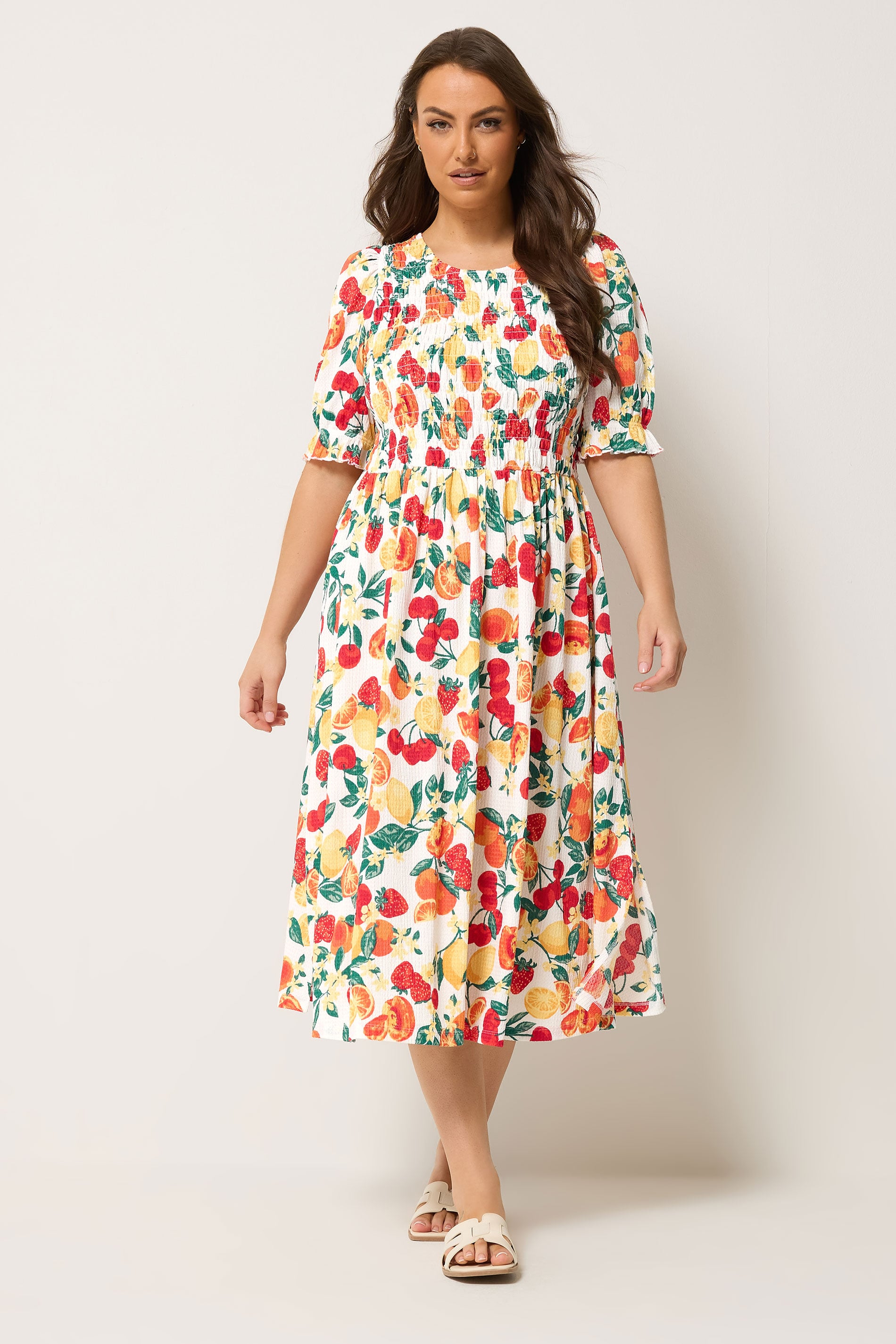 YOURS Plus Size Orange Shirred Fruit Print Dress | Yours Clothing 1
