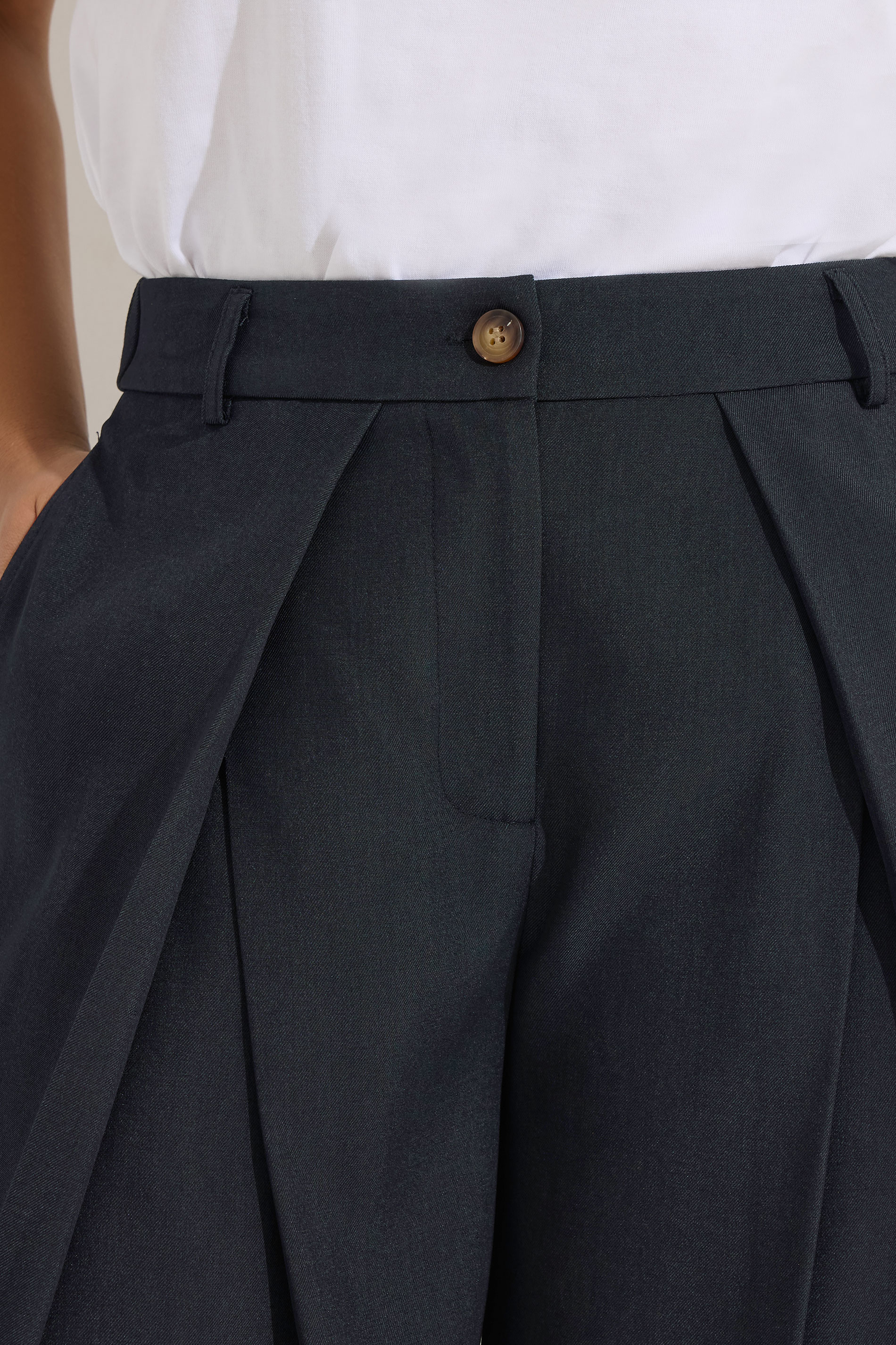 PixieGirl Petite Women's Navy Blue Wrap Pleated Wide Leg Trousers | PixieGirl 4