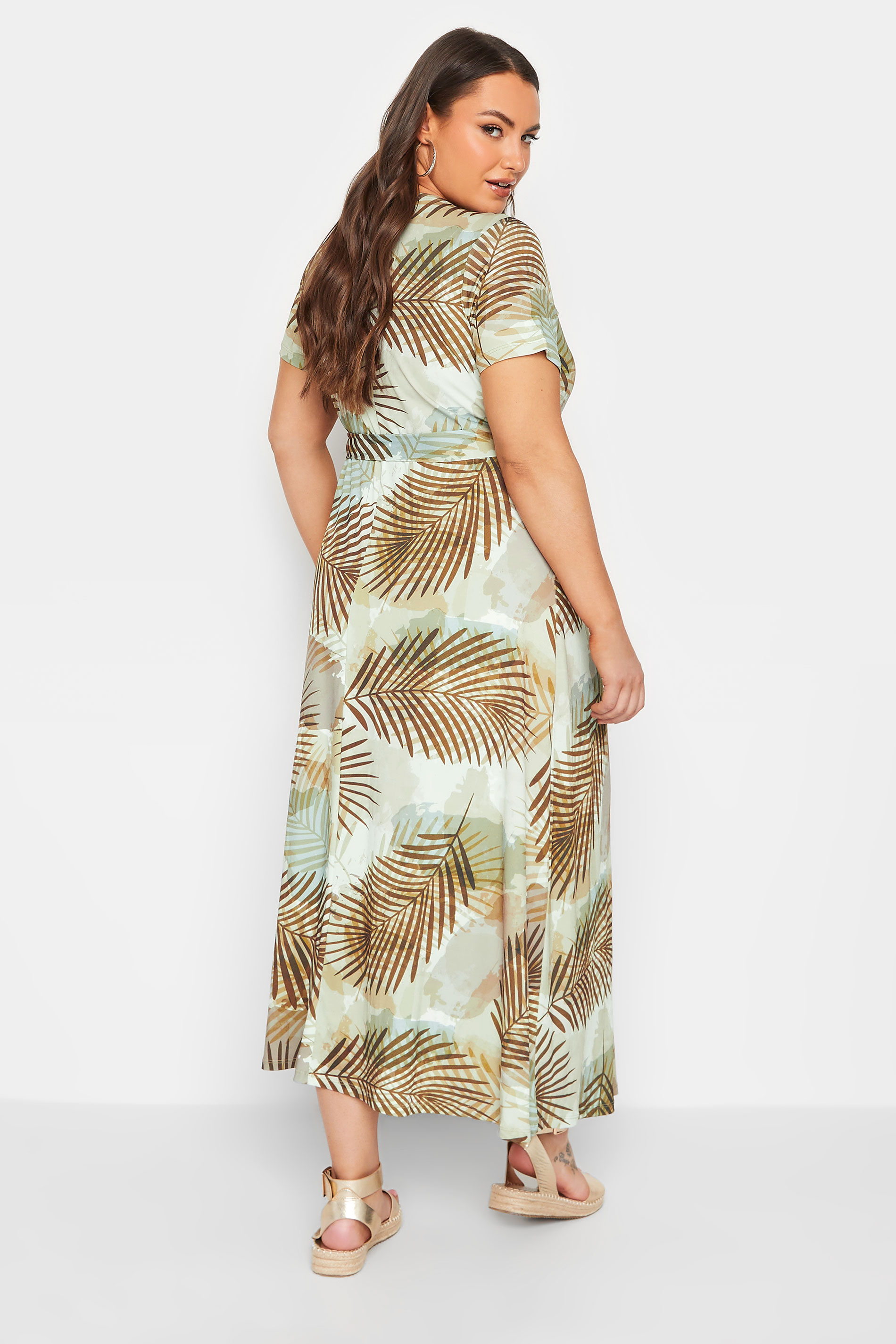 YOURS Curve Plus Size Brown Tropical Leaf Print Wrap Dress | Yours Clothing  3