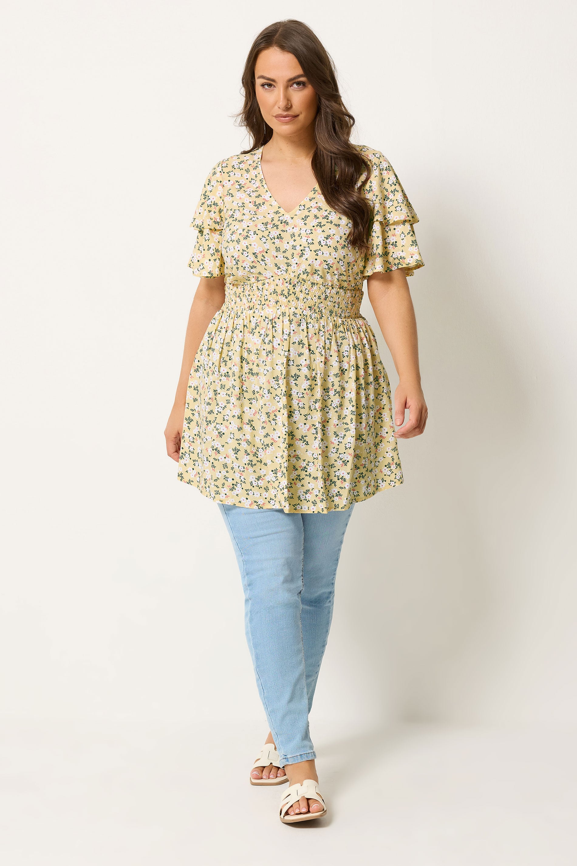 YOURS Plus Size Yellow Ditsy Floral Flutter Sleeve Top | Yours Clothing 1