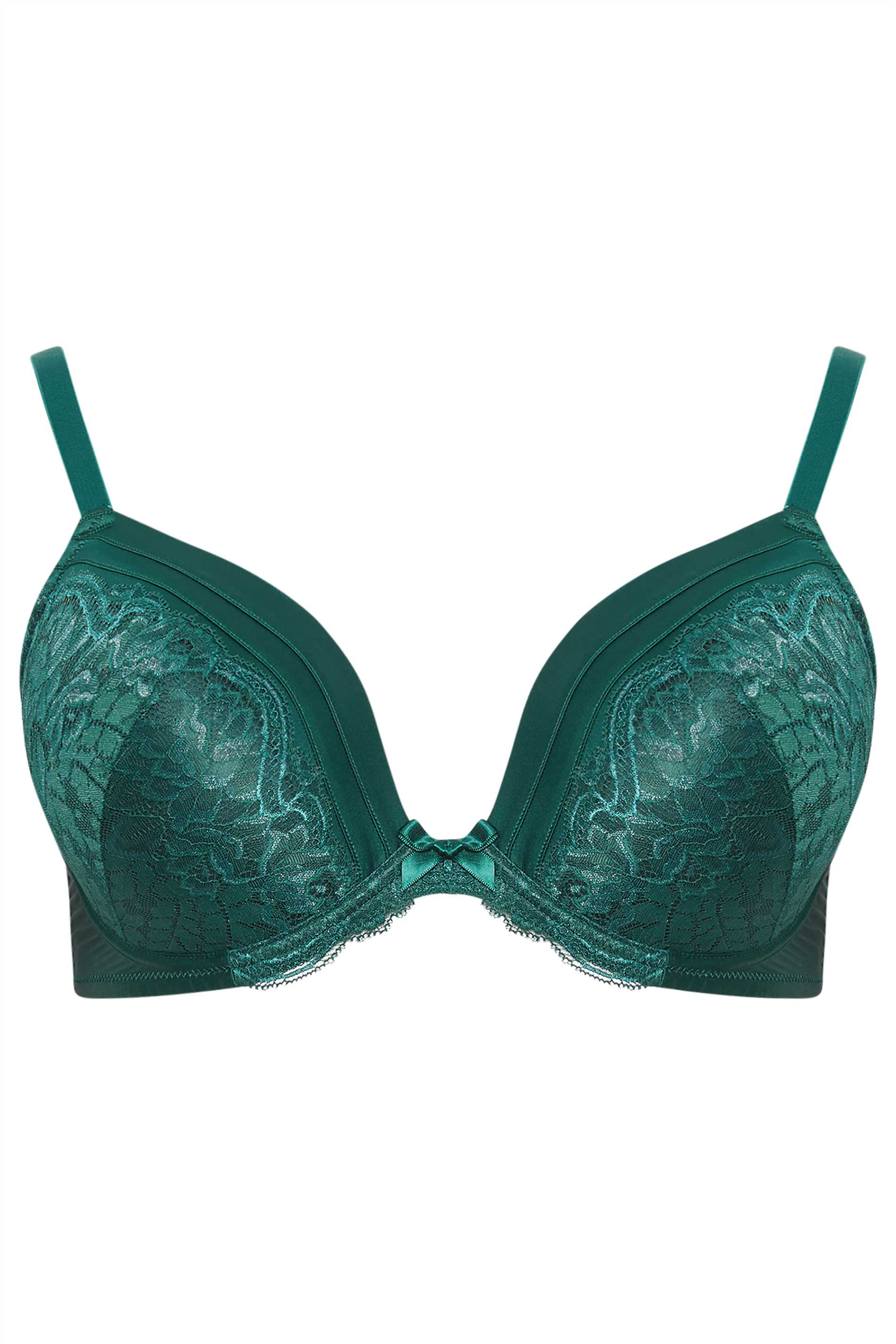 YOURS Plus Size Green Lace Detail Satin Padded Plunge Bra