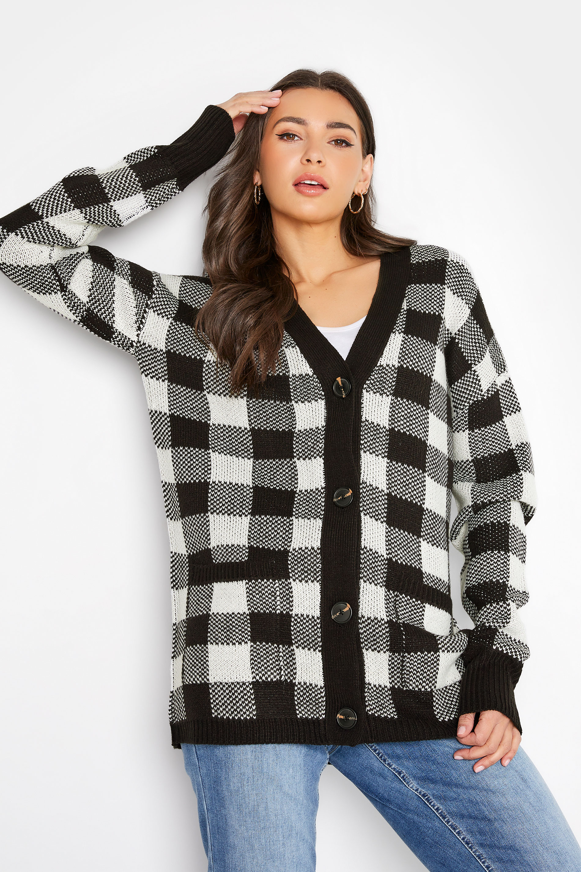 LTS Tall Black Gingham Button Knitted Cardigan_A.jpg
