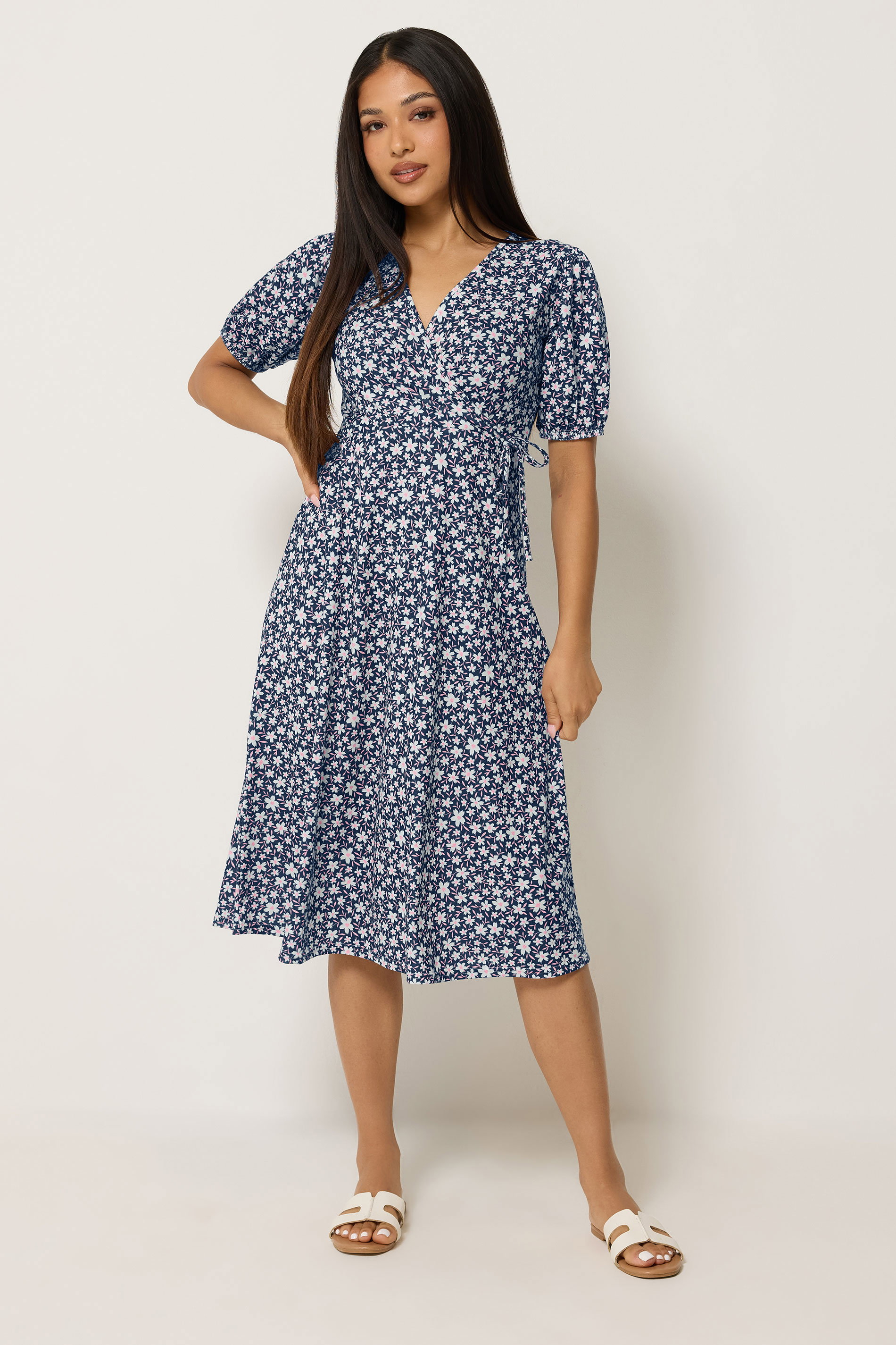 M&Co Petite Navy Blue Floral Print Midi Wrap Dress | M&Co 3