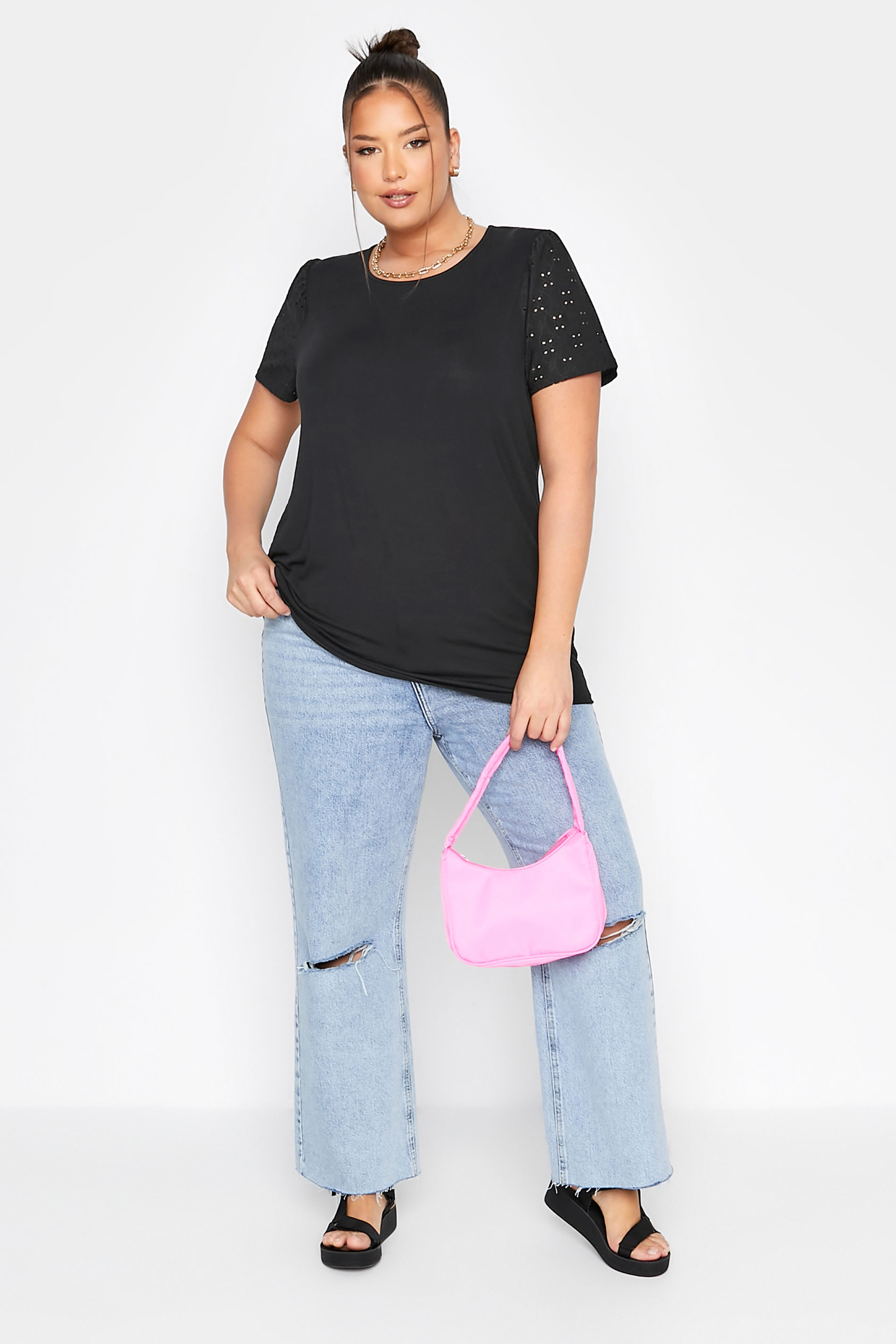 Grande taille  Tops Grande taille  T-Shirts | LIMITED COLLECTION - T-Shirt Noir Manches Broderie Anglaise - SW84134