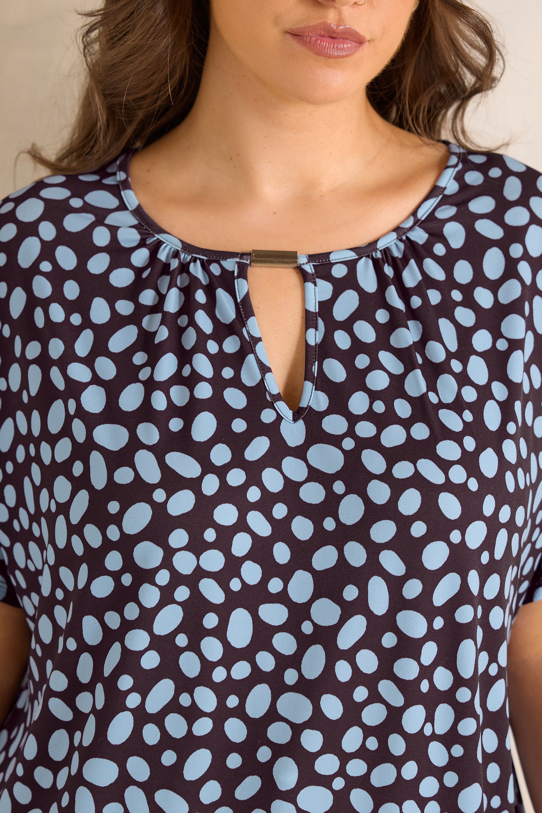 EVANS Plus Size Blue And Brown Polka Dot Print Bar Detail Top | Evans 4
