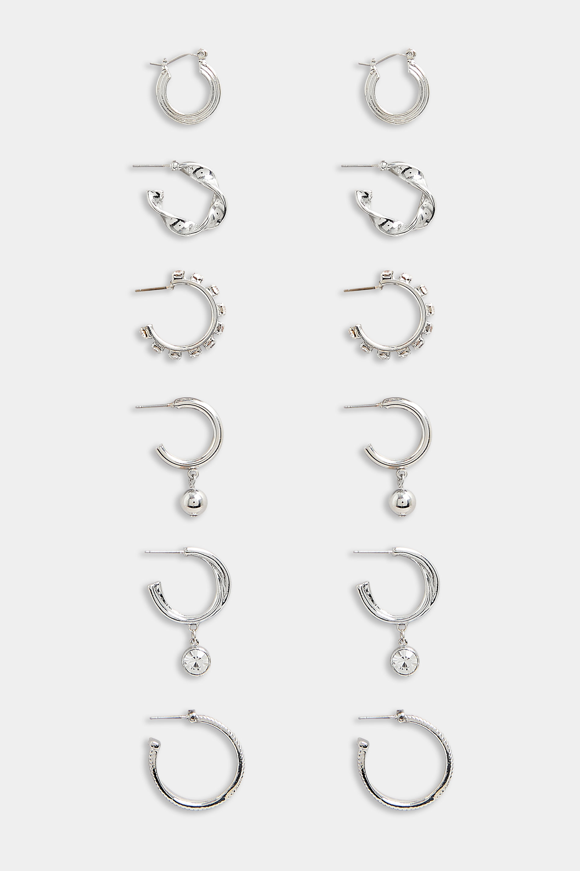 6 PACK Silver Small Twisted Hoop Earrings Set | Yours Clothing  2