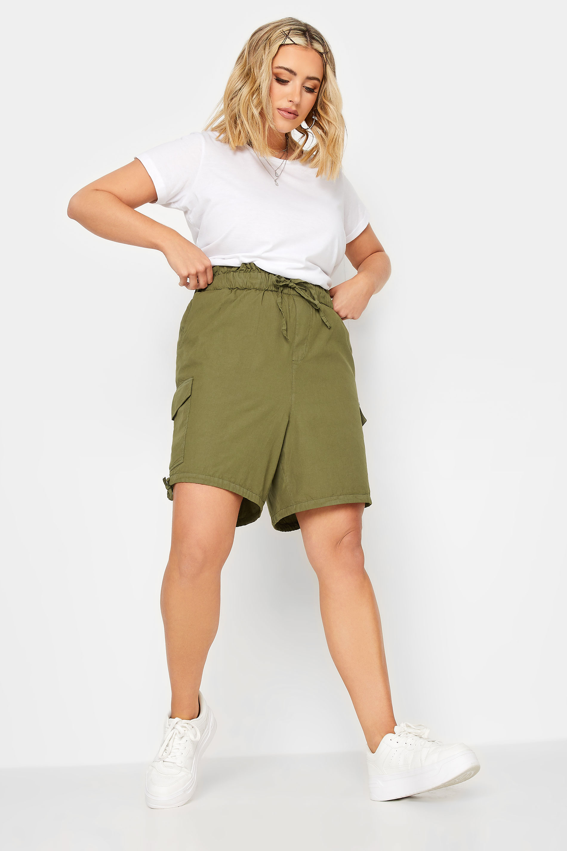 LIMITED COLLECTION Plus Size Khaki Green Paperbag Cargo Shorts | Yours Clothing 3