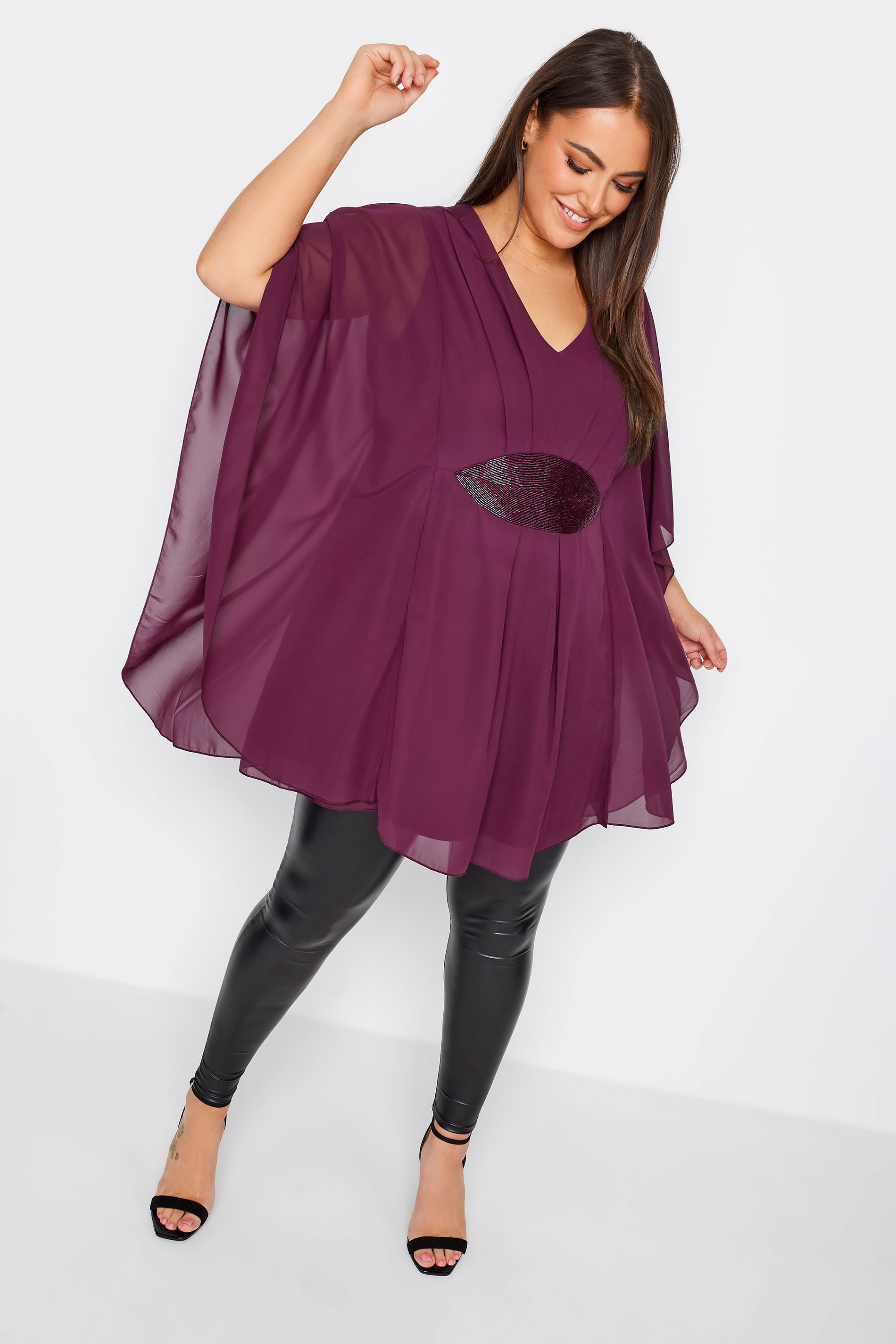 LUXE Plus Size Purple Hand Embellished Waist Cape Top | Yours Clothing 2