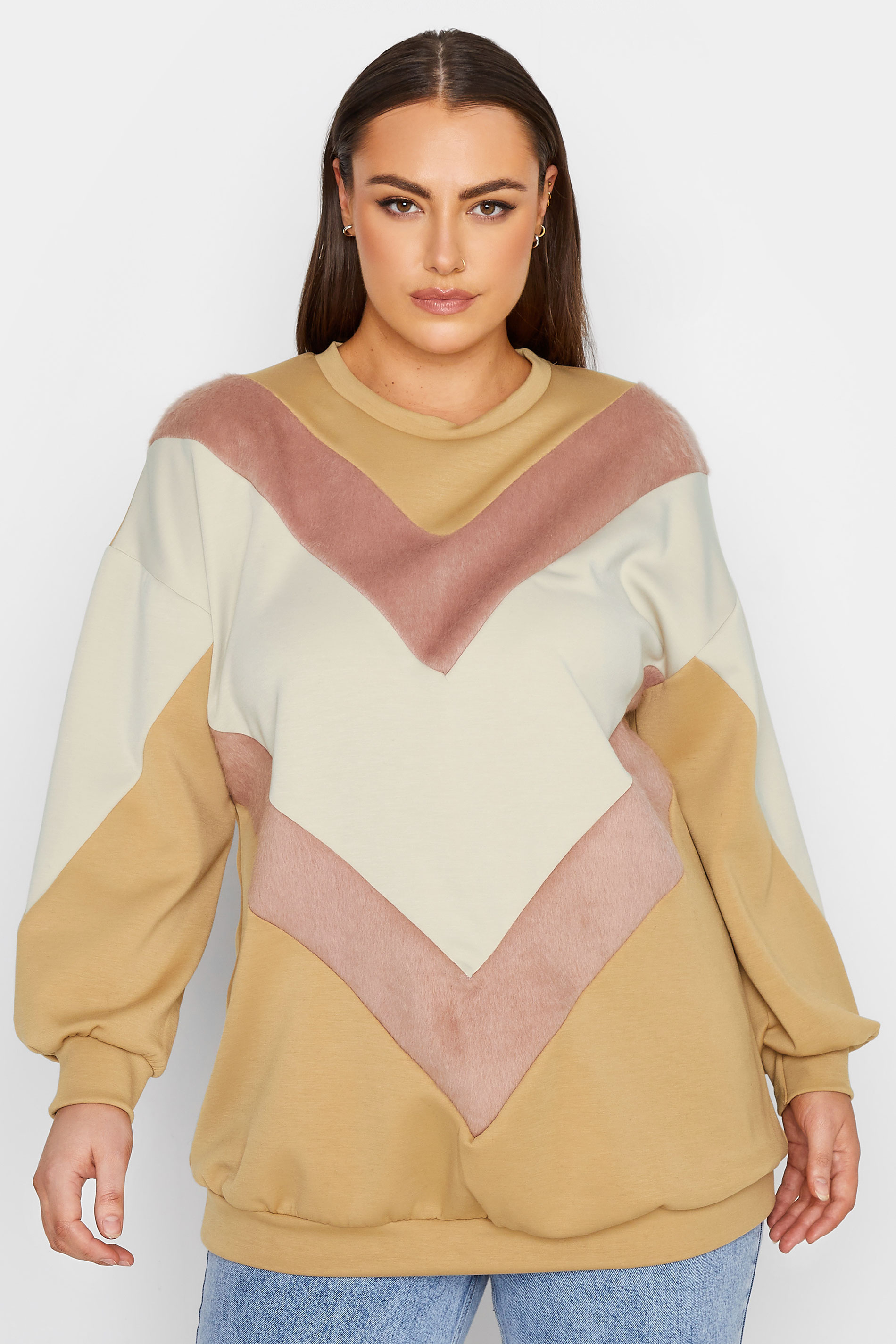 YOURS LUXURY Plus Size Natural Brown Faux Fur Chevron Sweatshirt | Yours Clothing 3