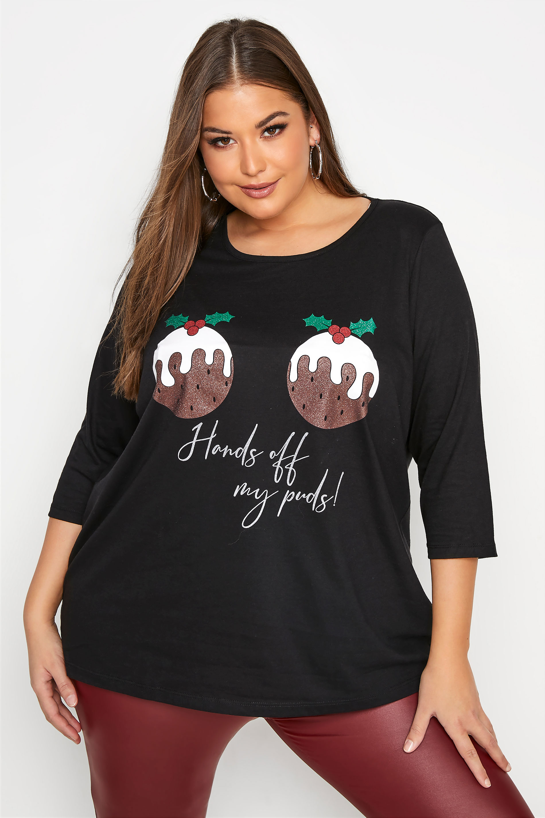 Black Sparkle 'Hands Off My Puds!' Slogan Christmas T-Shirt_A.jpg